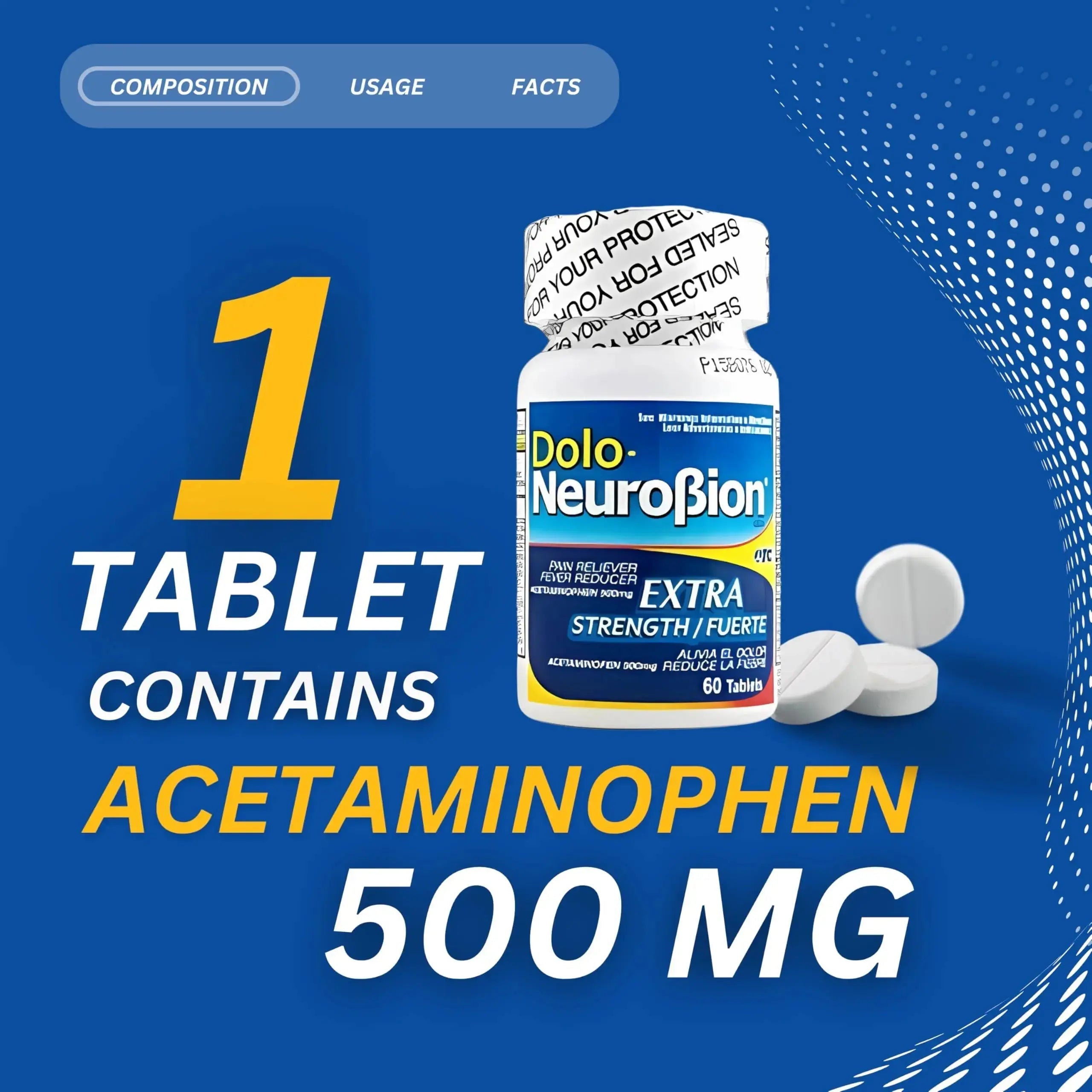 Dolo Neurobion Pain Reliever, Fever Reducer, Extra Strength. Alivia el Dolor,Reduce la Fiebre, Extra Fuerte. 60 Tablets. Acetaminophen 500 mg NeurobionAu supplements