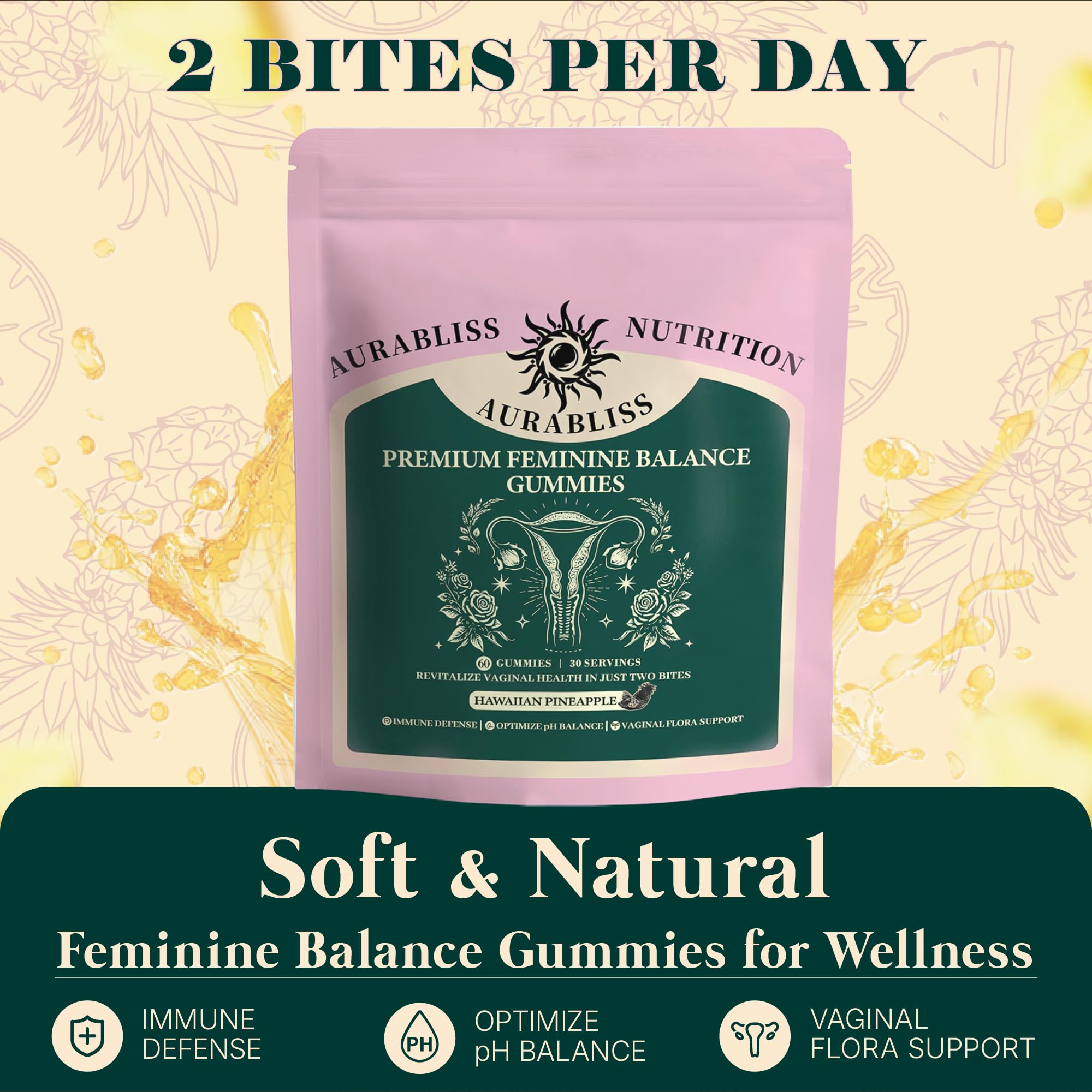 Premium Feminine Balance Gummies for Women - Hawaiian Pineapple Gummies for Women PH Balance Wellness, Immune Support, Vegan Daily Supplement for Odor and Flora Health , 60 Counts - 30 Servings AurablissAu supplements