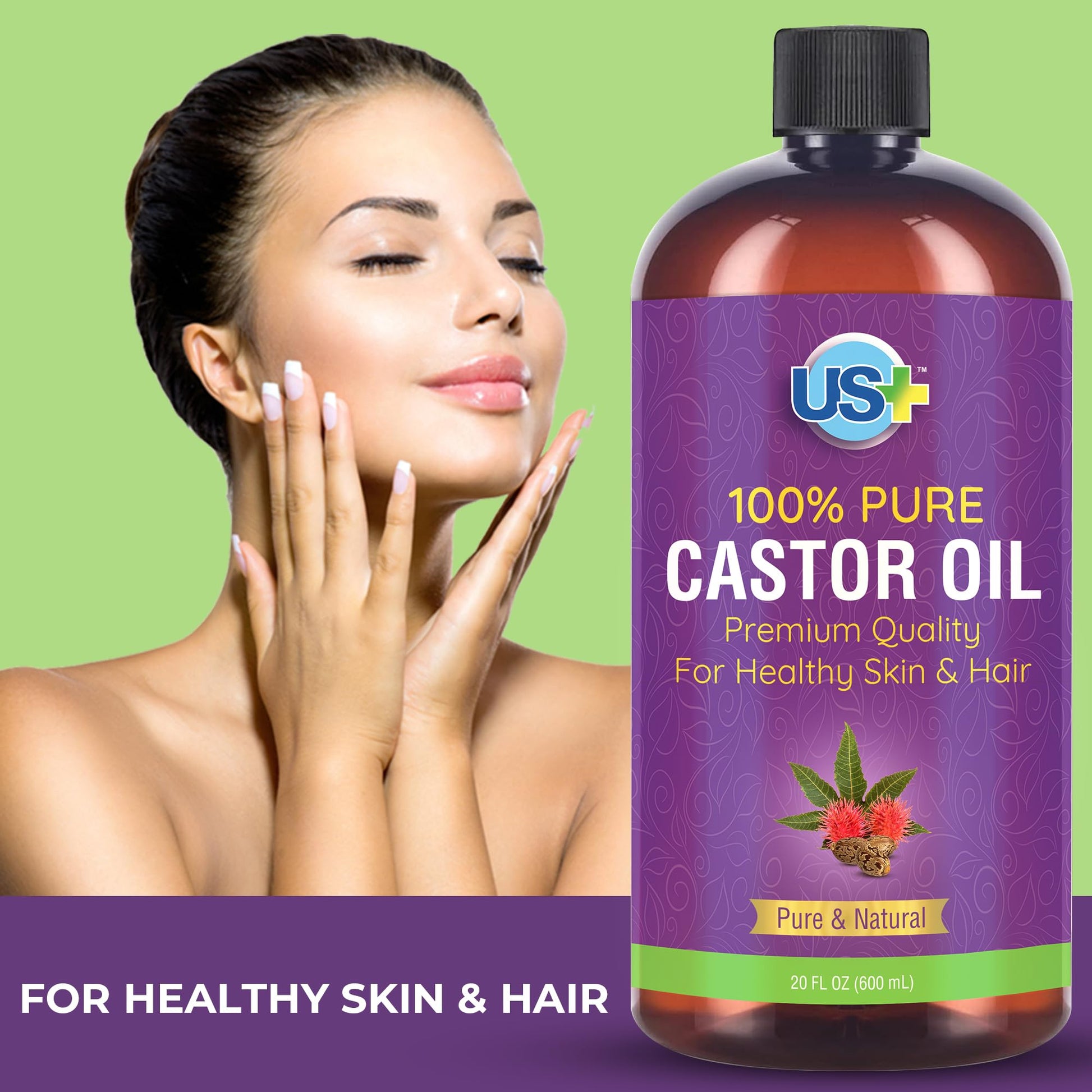 Us+ 20oz 100% Pure Castor Oil - Cold-pressed, Unrefined, Hexane-free - USP Grade - Premium Quality Us+Au supplements