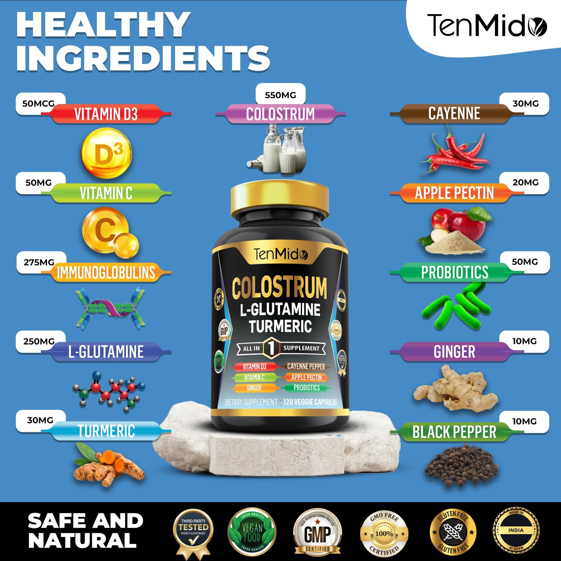 Tenmido Colostrum Supplement - 10in1 Formula - Combine with L- Glutamine, Turmeric, Cayenne Pepper, Apple Pectin, Probiotics, Ginger, and More - Digestive Health, Immune Support - 120 Capsules TenmidoAu supplements