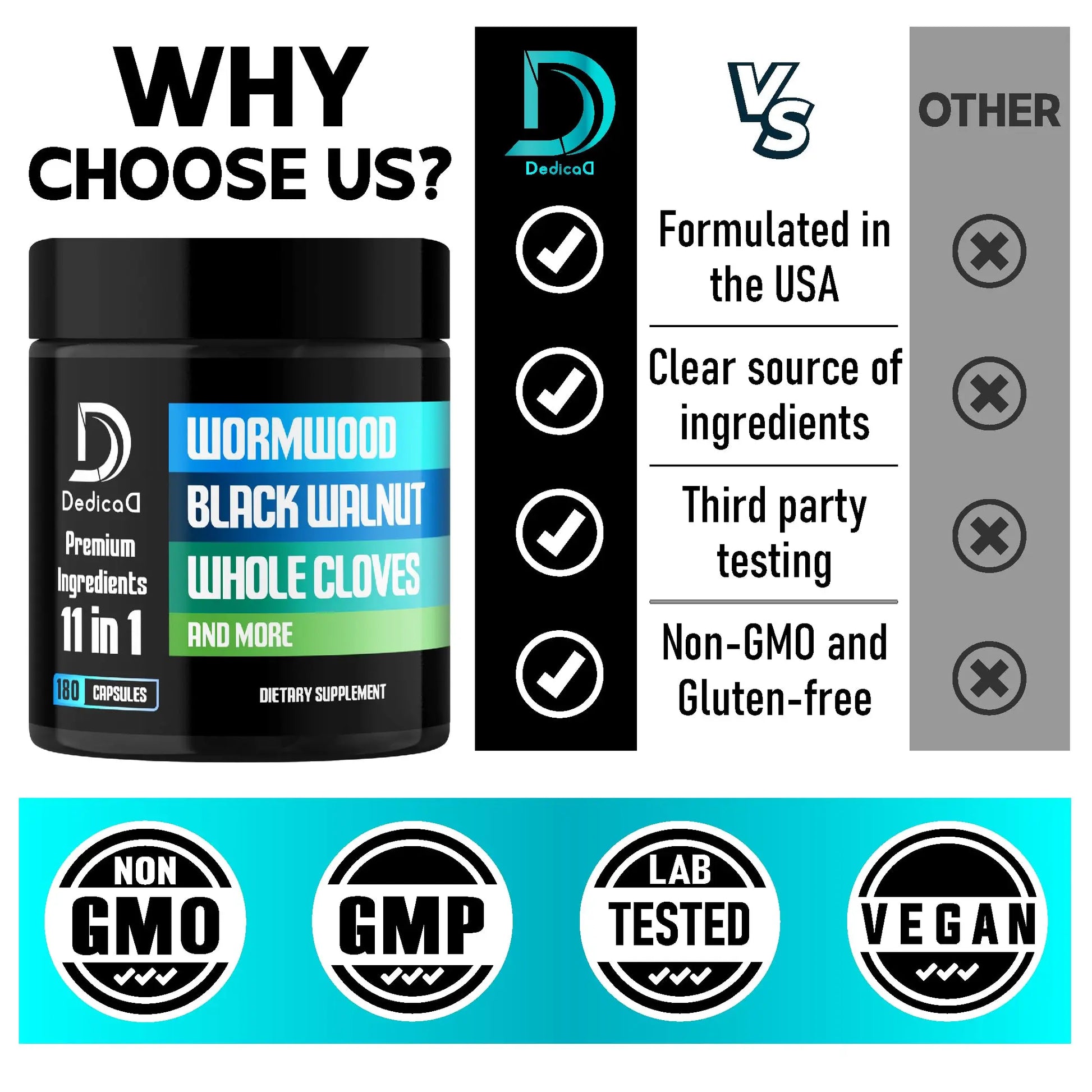 DEDICAD 11in1 Wormwood Capsules - 180 Capsules Extracted from Black Walnut, Cloves, Ginger, Turmeric, Apple, Berberine HCl & More - Support Immune System for 3 Months DEDICADnz supplements