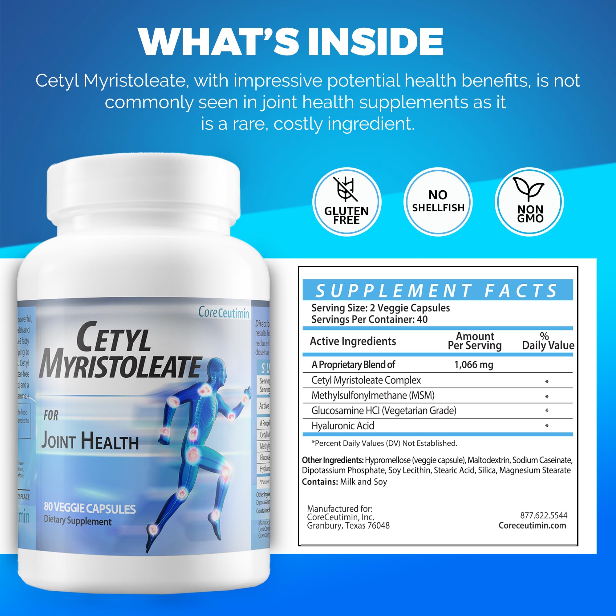CoreCeutimin Cetyl Myristoleate - Omega 5 Fatty Acid - Ultra Support for Relief from Joint Discomfort and Stiffness - Also Includes Glucosamine, MSM & Hyaluronic Acid - 80 Capsules CoreCeutiminAu supplements