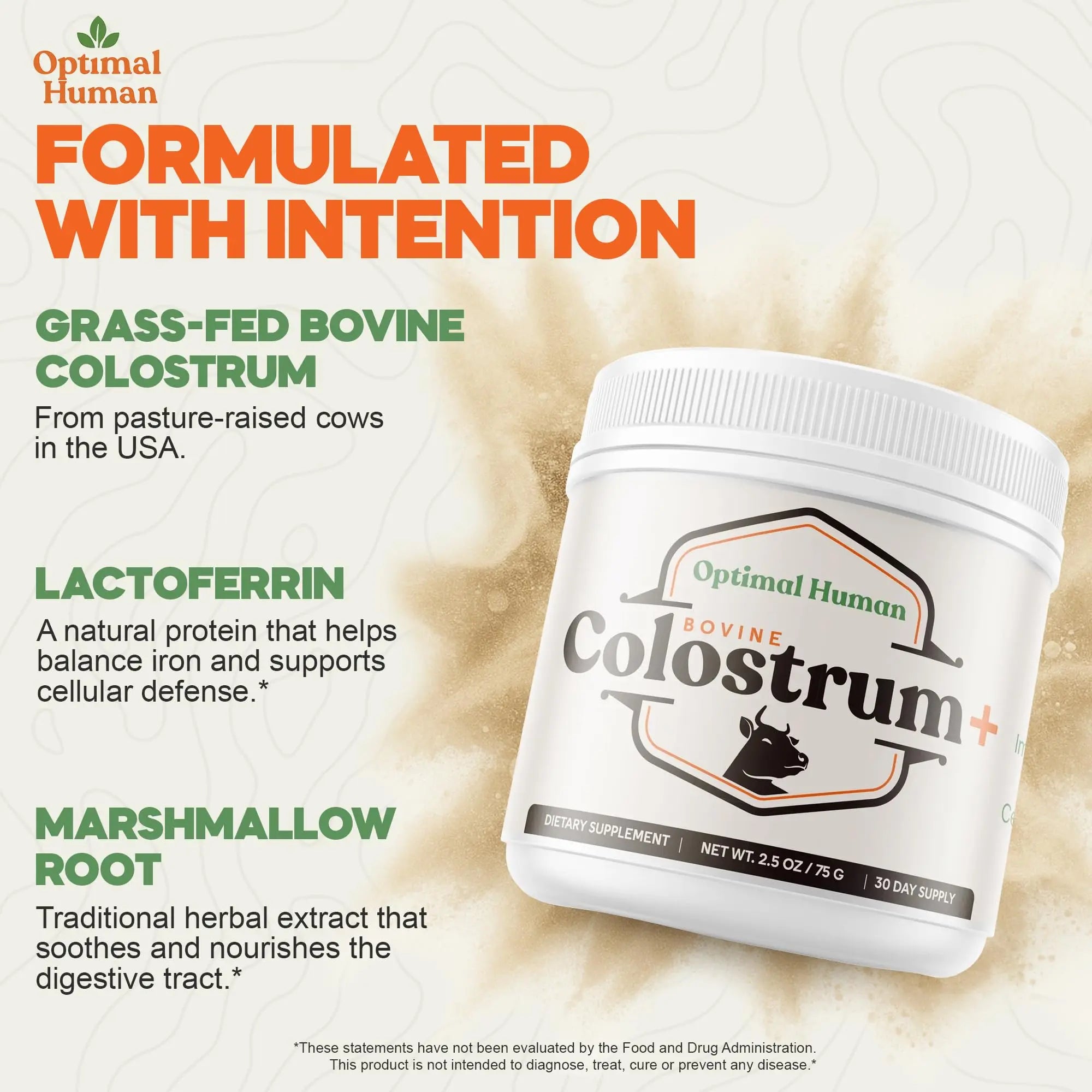 O H Optimal Human Bovine Colostrum Powder with Marshmallow Root – Gut & Immune Support Colostrum Supplement Capsules with IgG & Protein – Non-GMO, GMP Certified, Made in USA – Unflavored 30 Servings O Hnz supplements