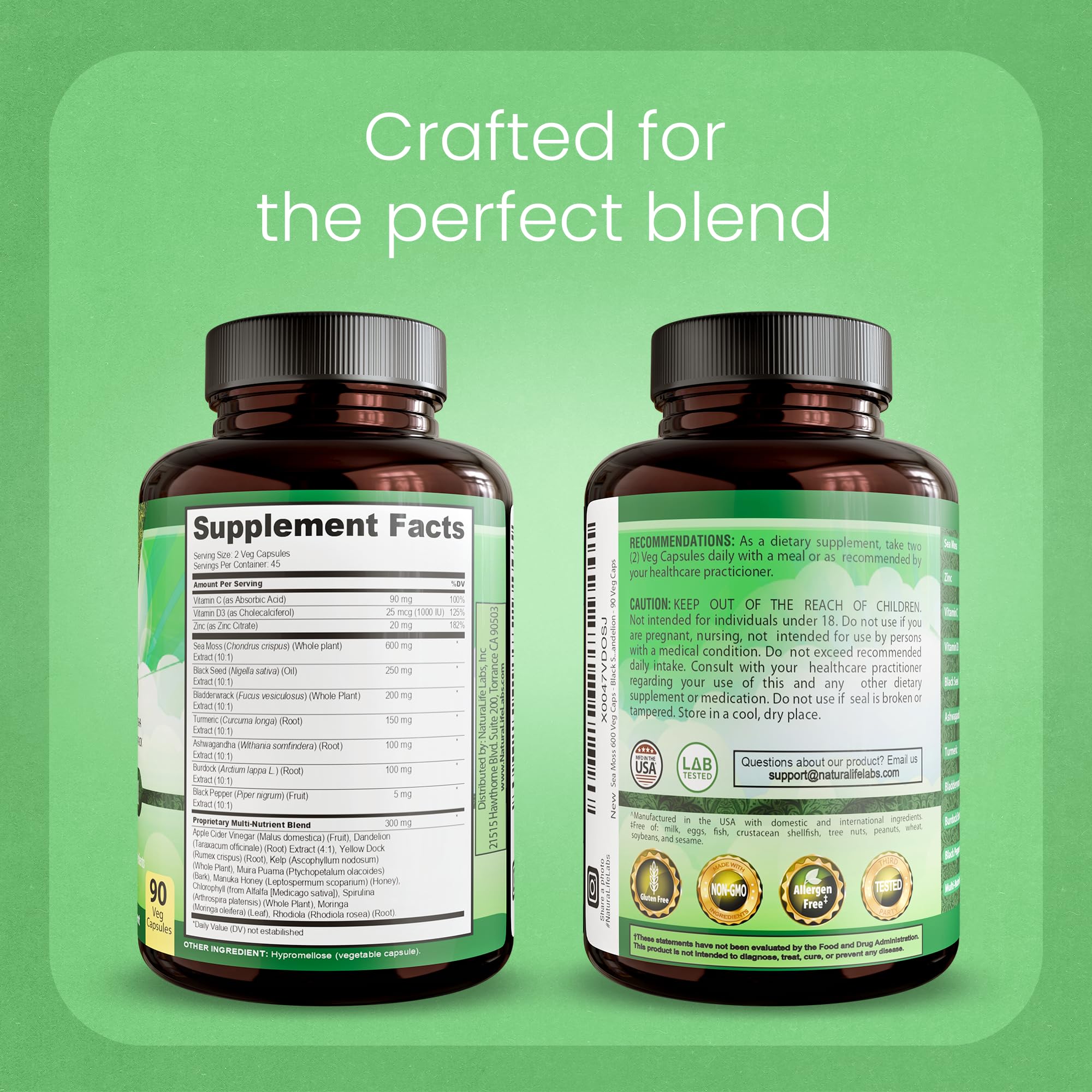 Sea Moss, Black Seed Oil, Bladderwrack, Turmeric, Ashwagandha, Burdock, Vitamin C, D3, Yellow Dock Root, Manuka, Dandelion - 90 Veggie caps NaturaLife LabsAu supplements