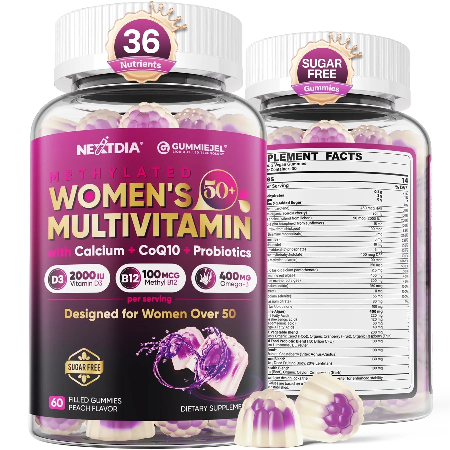 Multivitamin for Women 50 Plus Gummies, Vegan Omega 3, Methylfolate, Calcium, D3 K2, CoQ10, Daily Vitamin A C E, Methylated B12, Biotin, B Complex NextdiaAu supplements