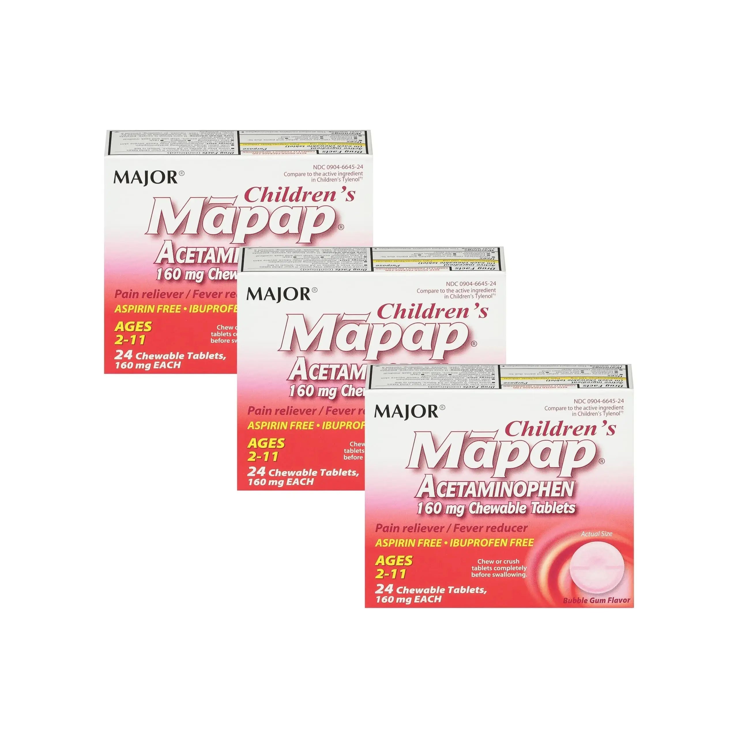 MAJOR Children’s Mapap Acetaminophen 160 mg Chewable Tablets - Pain Reliever/Fever Reducer - Aspirin Free - Ibuprofen Free - for Ages 2 to 11-24 Count (3 Pack) MAJORAu supplements