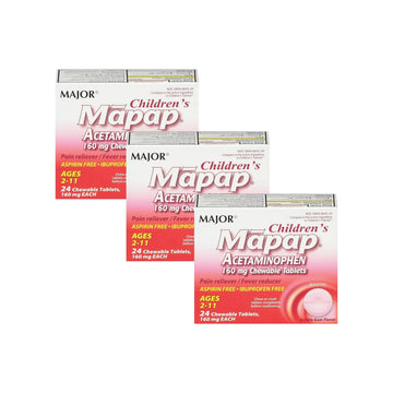 MAJOR Children’s Mapap Acetaminophen 160 mg Chewable Tablets - Pain Reliever/Fever Reducer - Aspirin Free - Ibuprofen Free - for Ages 2 to 11-24 Count (3 Pack) MAJORAu supplements