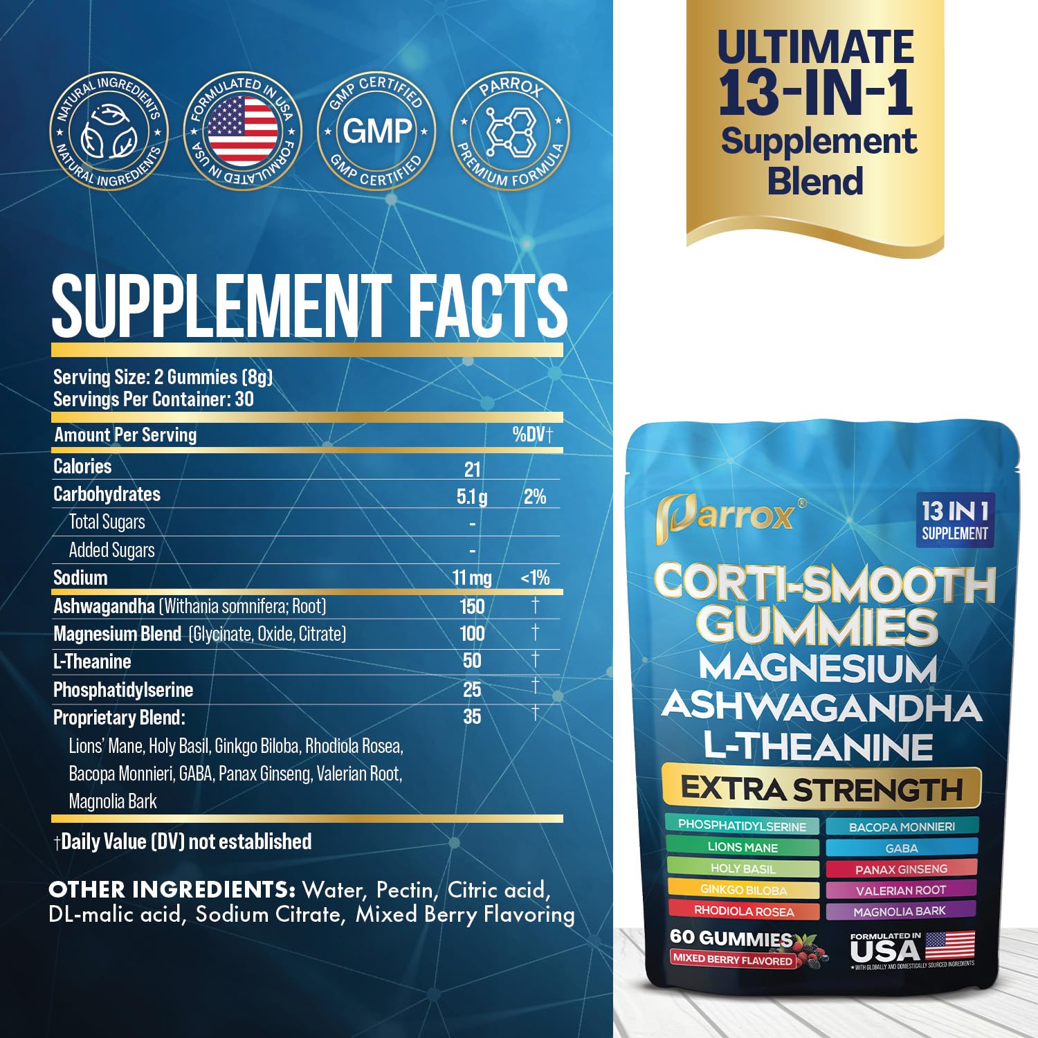 Parrox Corti-Smooth Cortisol Support Gummies with Magnesium, L-Theanine, Ashwagandha, Phosphatidylserine, Bacopa Monnieri, Lions Mane, Ginkgo Biloba, Valerian Root (60 Gummies - Mixed Berry Flavor) ParroxAu supplements