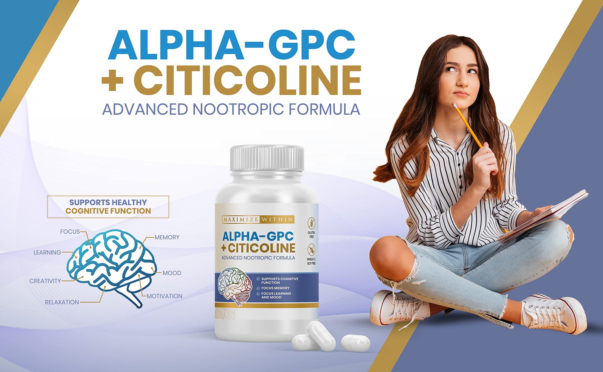 Maximize Within Alpha GPC + Citicoline 60 Ct, 1600mg Concentrated Formula- 99%+Highly Purified & Bioavailable Nootropic-Cognitive Enhancer, Supports Memory, Brain Function, Boosts Focus, Mood & Energy Maximize WithinAu supplements