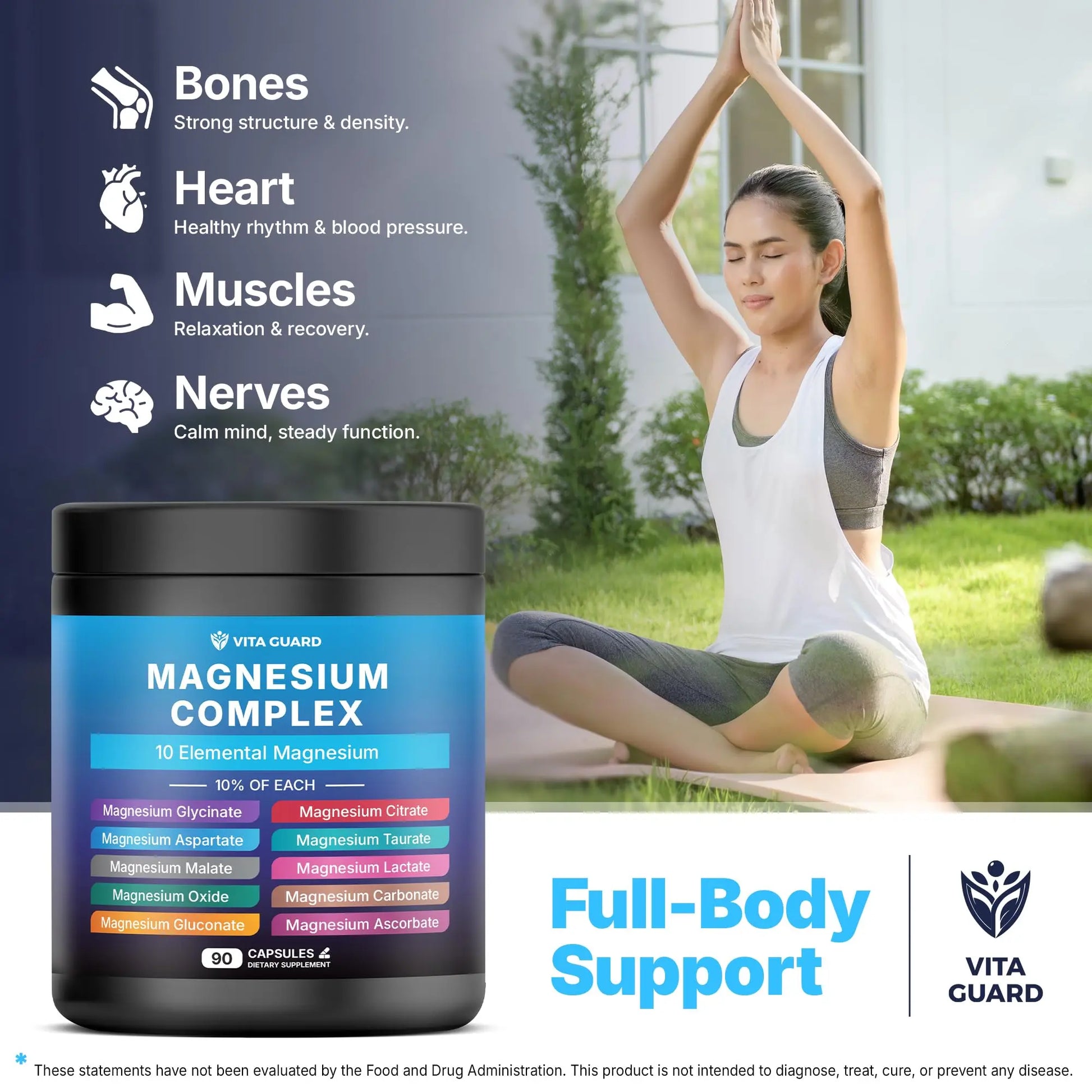 Vita Guard Magnesium Complex 1480mg – 10-in-1 with Glycinate, Citrate, Malate & More – High Absorption – Sleep, Muscle, Nerve & Heart Support – 90 Vegan Capsules – Non-GMO, Gluten-Free, No Sugar Vita Guardnz supplements