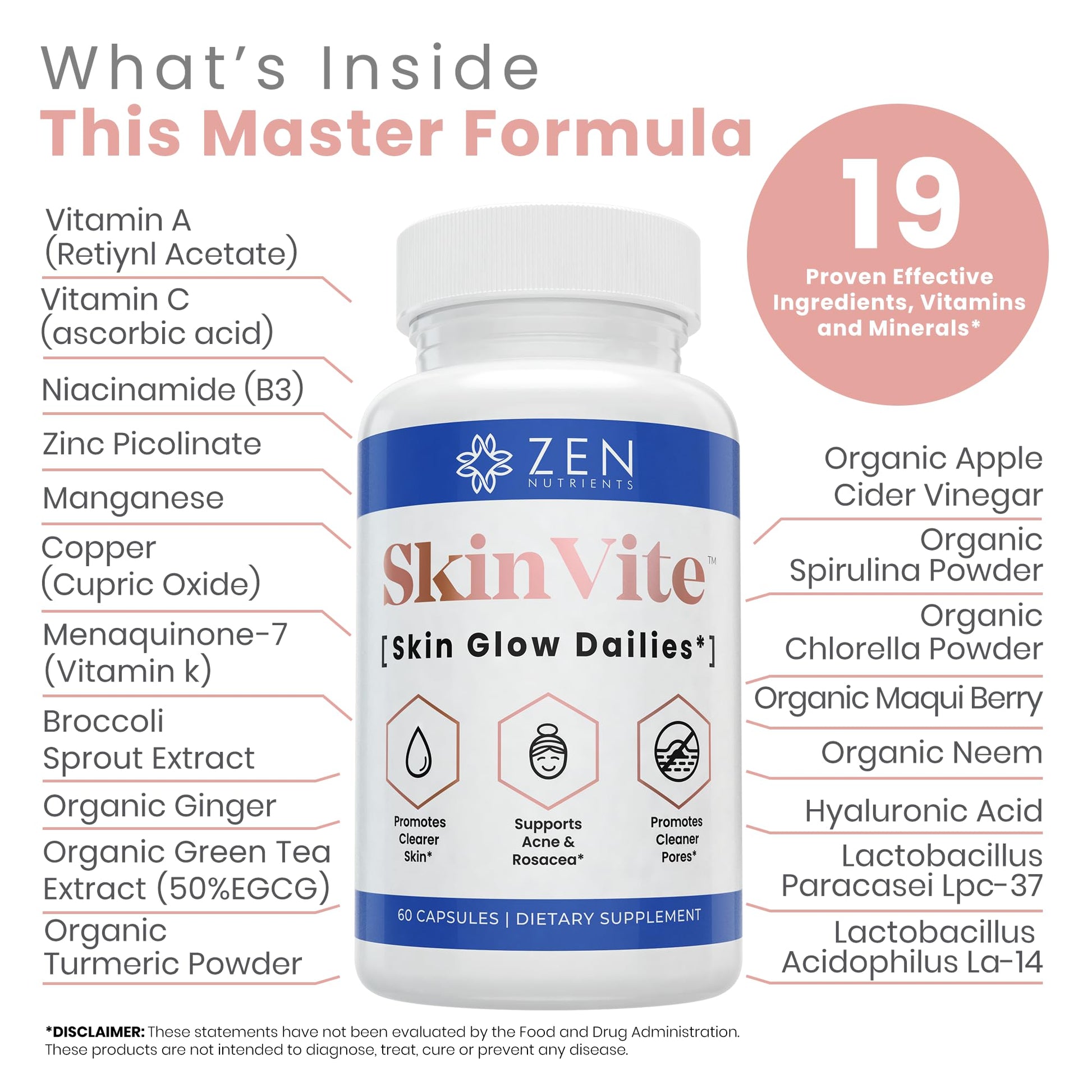 Zen Nutrients SkinVite Natural Skin Supplement for Women, Men & Teens - Hormonal Breakouts & Clear Skin Support Supplement - Detoxifying Vitamin for Acne and Digestion Support Zen NutrientsAu supplements