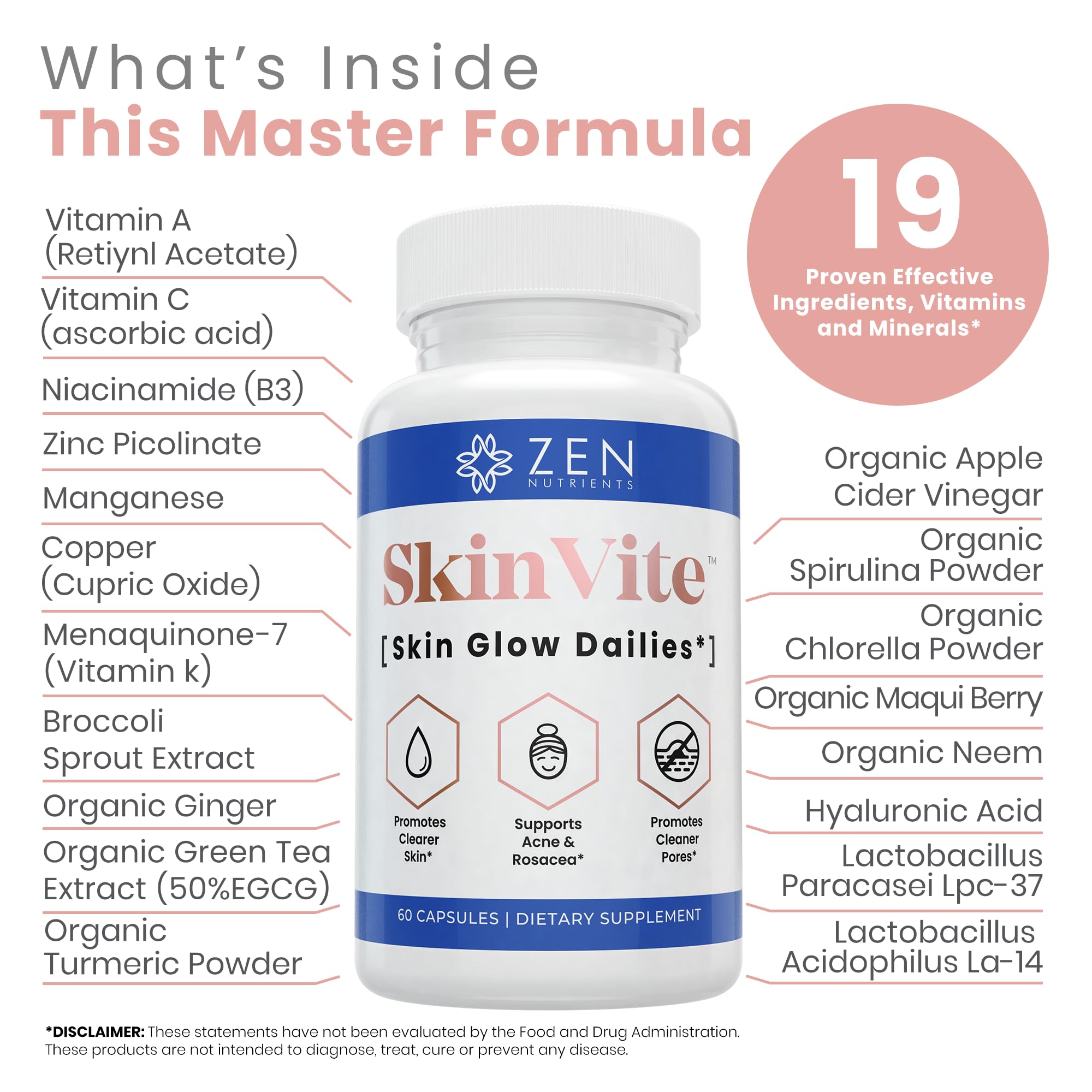 Zen Nutrients SkinVite Natural Skin Supplement for Women, Men & Teens - Hormonal Breakouts & Clear Skin Support Supplement - Detoxifying Vitamin for Acne and Digestion Support Zen NutrientsAu supplements
