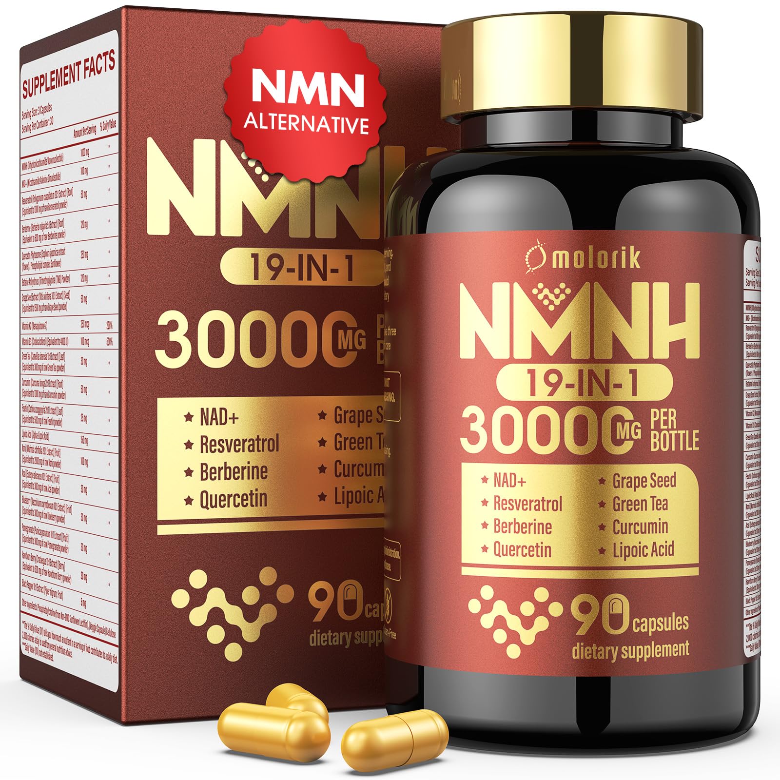 19 in 1 NMNH (Dihydronicotinamide Mononucleotide) 1000mg Per Serving, Nad Supplement Boost NAD+ Levels Nad Resveratrol Supplement with Quercetin, Vitamin D3 K2, Healthy Aging, Energy, 90 Capsules molorik pureAu supplements