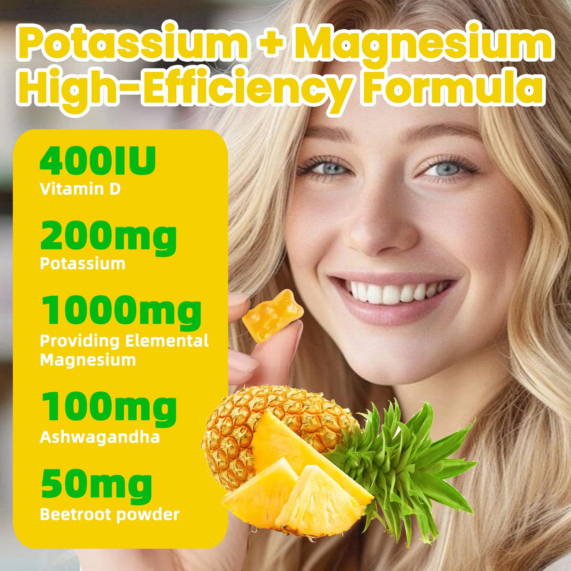 Potassium Magnesium Gummies,High Absorption Magnesium Glycinate,B6,D3,Potassium Citrate for Leg Cramps,Muscle,Electroyte for Adults Kids,Sugar-Free, 60 Gummies (Pineapple) WekannufodAu supplements