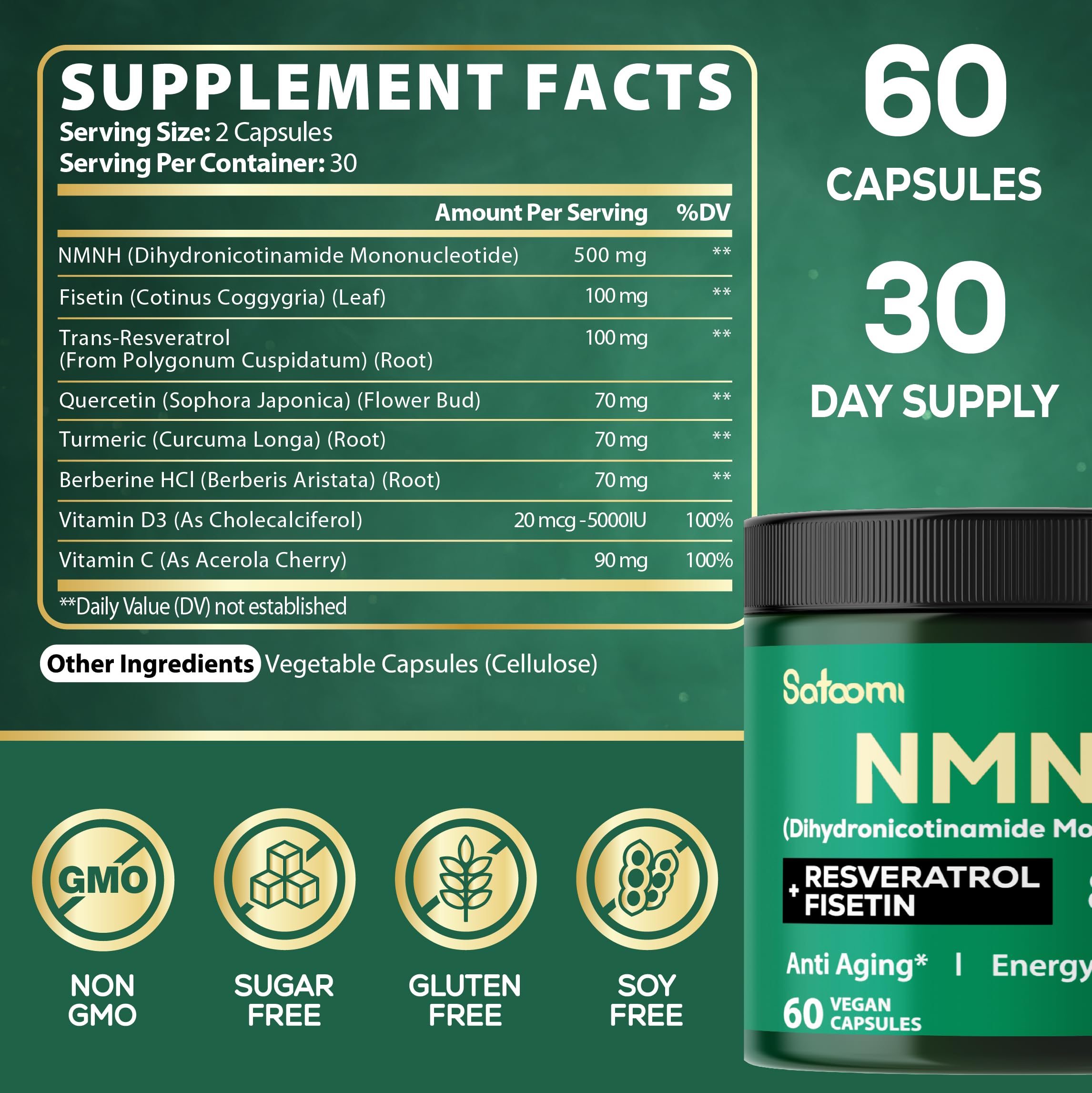 Satoomi 8in1 NMNH - NMN Supplement Alternative - NAD Supplement to Support NAD Levels Added Fisetin, Resveratrol, Quercetin, Turmeric, Berberine, Vitamin D3 & C - 60 Count for 30 Days SatoomiAu supplements