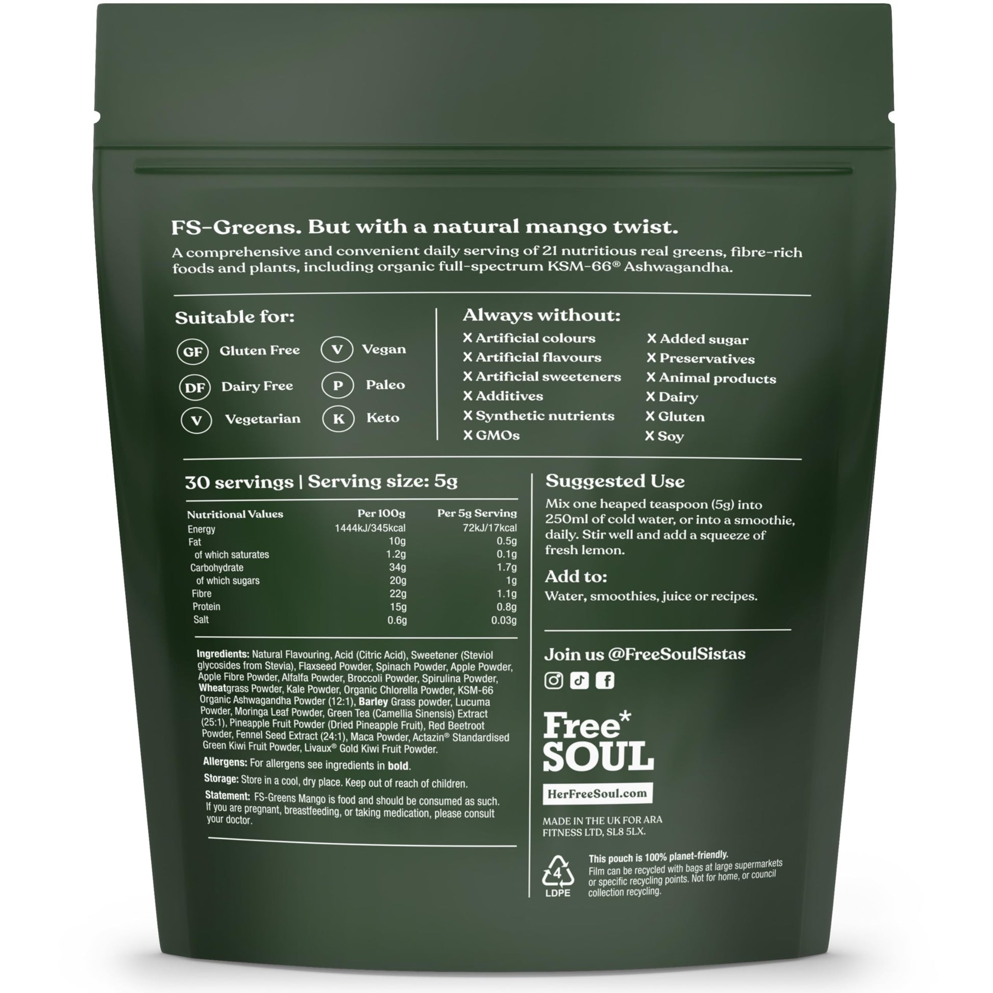 FS-Greens | 21 Advanced Greens, Superfoods, and Adaptogens Including KSM-66 Free SoulUS supplements