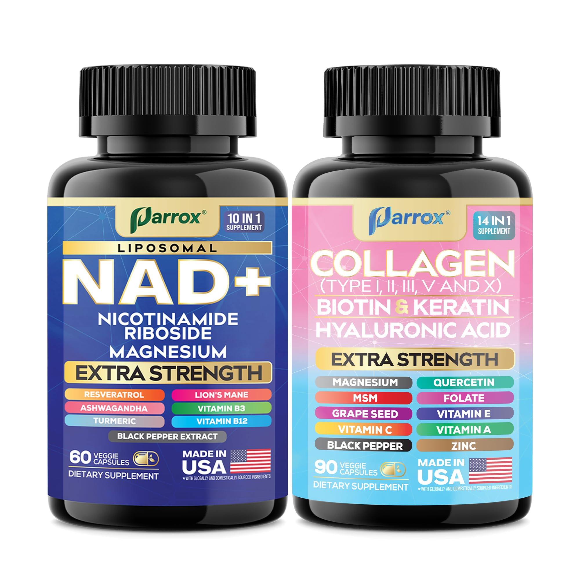 Parrox Forever Young Set with Liposomal NAD, Nicotinamide Riboside, Magnesium, Resveratrol, Lion's Mane, Collagen Peptides Types I, II, III, V and X, Biotin & Keratin, Hyaluronic Acid, Zinc, Quercetin ParroxAu supplements