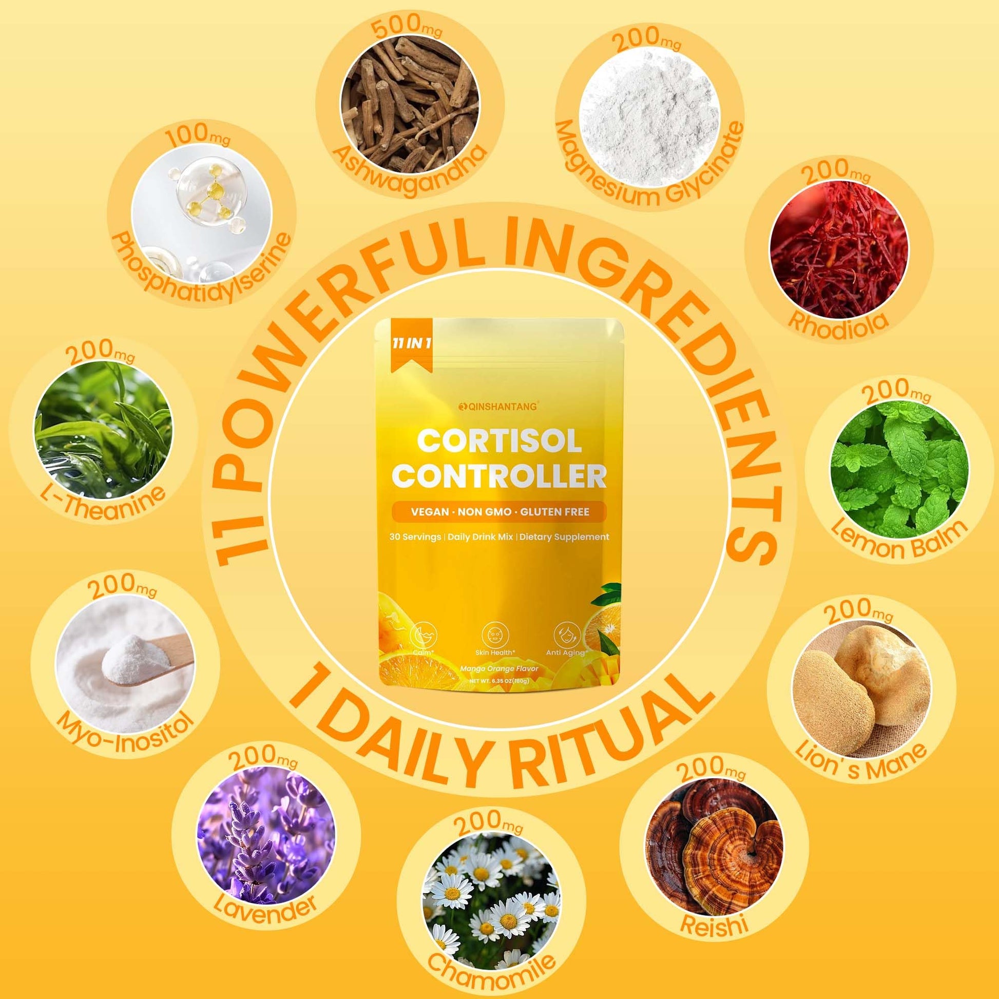 Cortisol Drink Powder, Cortisol Supplements for Women | Magnesium Glycinate, Ashwagandha, L-Theanine & Lion’s Mane | Relaxation, Focus & Stress Balance | Mango Orange Flavor | 30 Servings QIN SHAN TANGAu supplements