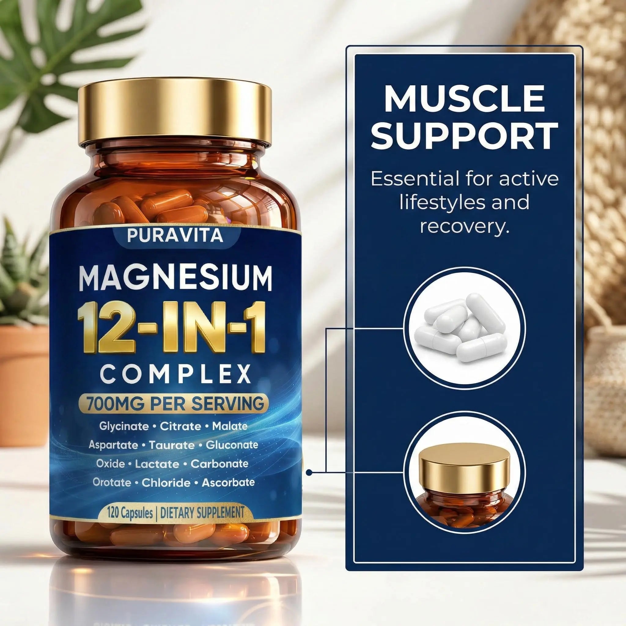 Puravita 12 in 1 Magnesium Complex Capsules - 700mg High Absorption Blend with Glycinate, Citrate, Malate, Oxide & Taurate. Supports Muscle Function, Nerve Health & Relaxation - 120 Capsules (1) PURAVITAnz supplements
