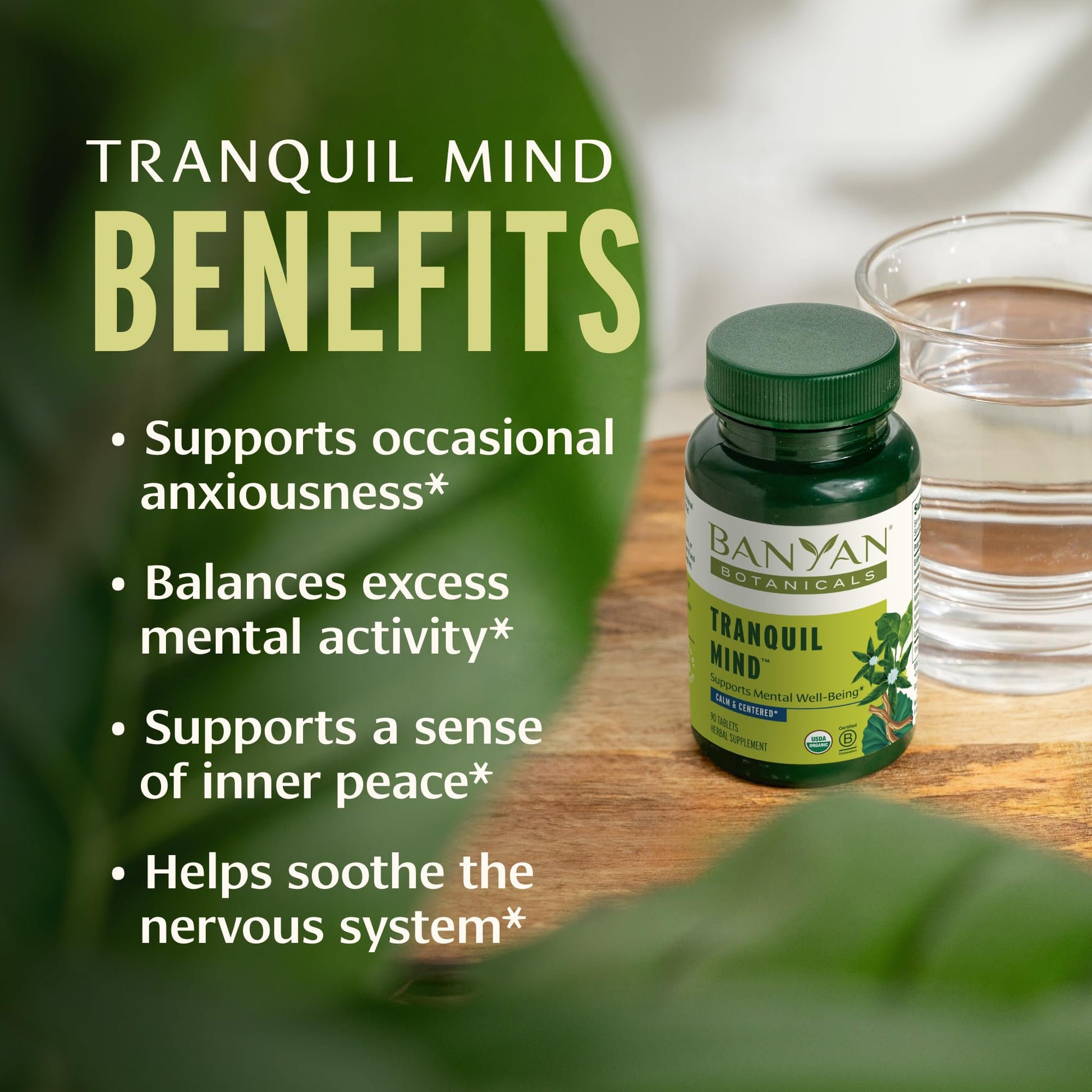 Banyan Botanicals Organic Tranquil Mind – Nervous System Support & Physical Relaxation Supplement – with Skullcap, Passionflower & Gotu Kola – Non-Drowsy Systemic Grounding – 90 Tablets – USDA Organic Banyan BotanicalsAu supplements