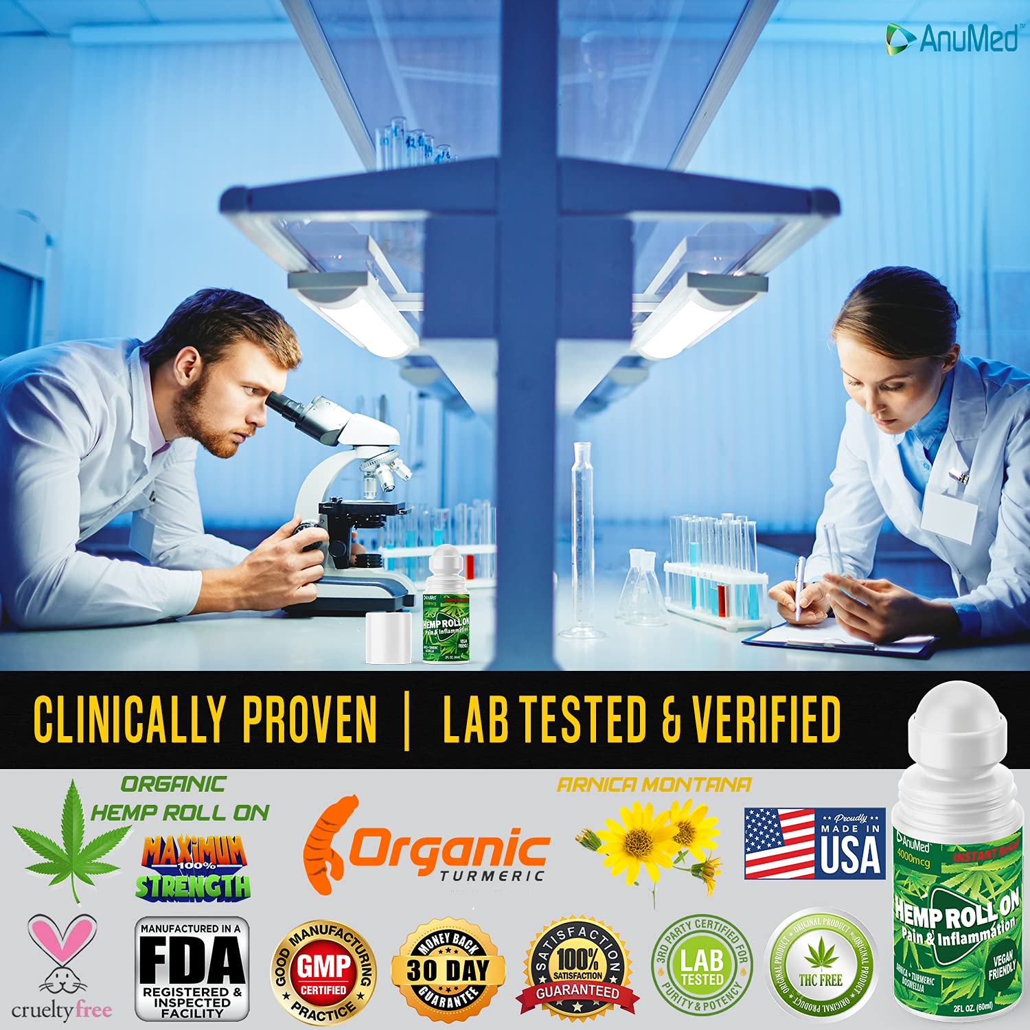 ANUMED Hemp Roll-On 4000mg Pain Relief. Fast Acting, Long Lasting, Maximum Strength with Arnica + Turmeric for Anti-Inflammatory, Natural Recovery, Joint, Muscle, Nerve Pain Reliever 2 Packs of (1oz) AnuMed InternationalAu supplements