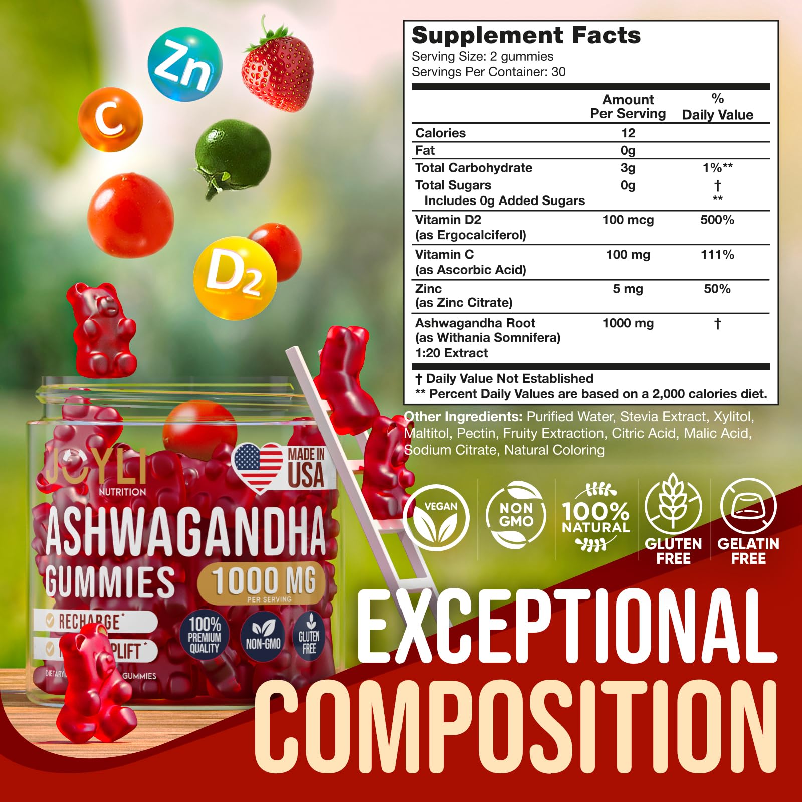 Ashwagandha Gummies for Women & Men - Natural Calm Gummies with Ashwagandha Root Extract Vitamin C Zinc - Ashwagandha Herbal Supplement for Sleep Stress Balance - 60 Vegan Sugar Free Chews JOYLI NutritionAu supplements