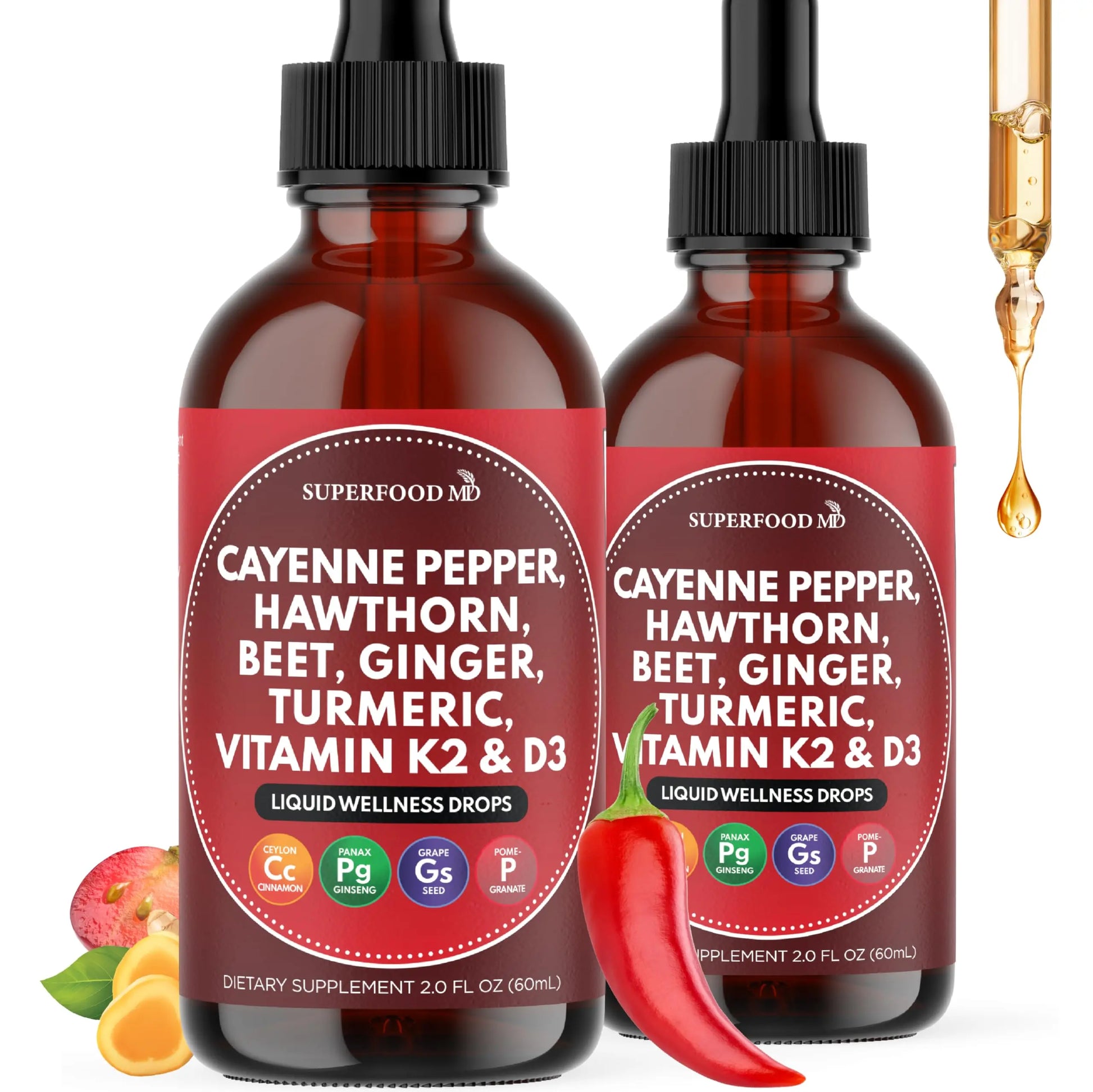 Cayenne Pepper Supplement Liquid Drops + Hawthorn Berry, Vitamin D3 K2 Beet Root Powder, Ceylon Cinnamon, Turmeric Curcumin, Organic Panax Ginseng - 4 OZ Superfood MDAu supplements
