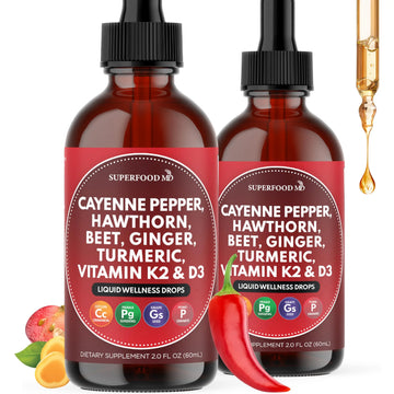 Cayenne Pepper Supplement Liquid Drops + Hawthorn Berry, Vitamin D3 K2 Beet Root Powder, Ceylon Cinnamon, Turmeric Curcumin, Organic Panax Ginseng - 4 OZ Superfood MDAu supplements