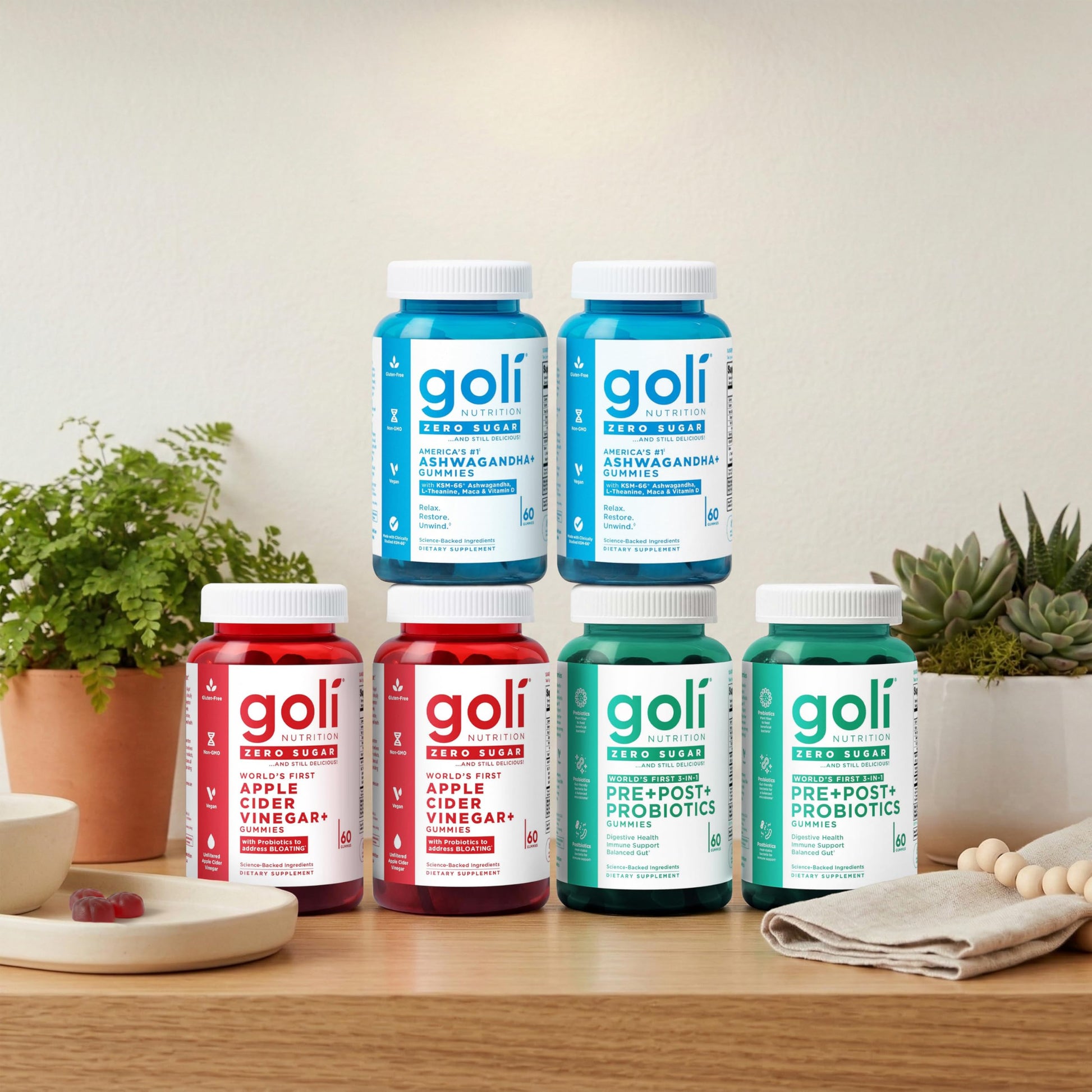 Goli Zero Sugar 6 Pack Bundle - World's First 3-in-1 Pre, Post, Probiotic, Apple Cider Vinegar with Vitamin B12 and Probiotics to Address Bloating, Ashwagandha & L-Theanine, Vitamin D Gummies GoliAu supplements