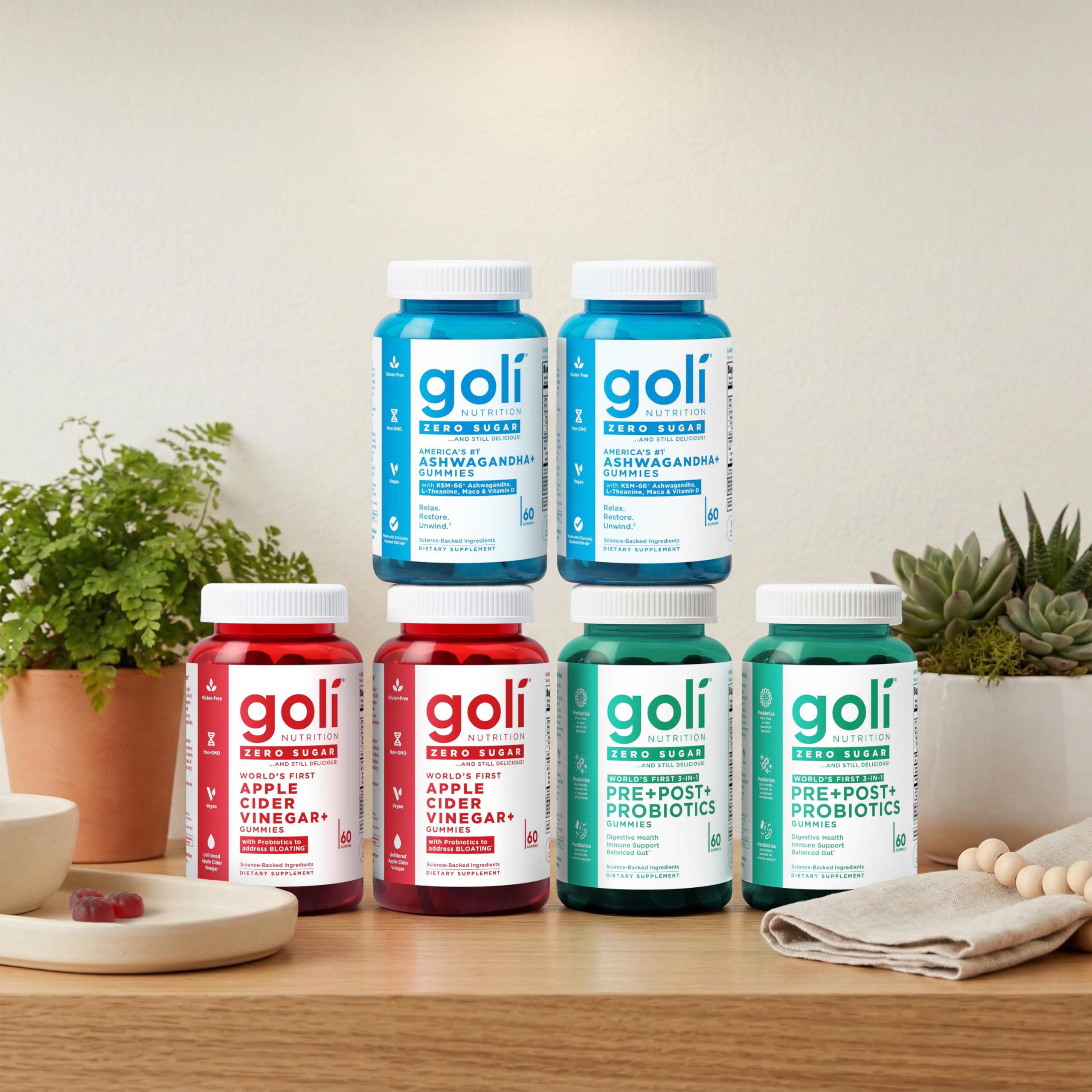 Goli Zero Sugar 6 Pack Bundle - World's First 3-in-1 Pre, Post, Probiotic, Apple Cider Vinegar with Vitamin B12 and Probiotics to Address Bloating, Ashwagandha & L-Theanine, Vitamin D Gummies GoliAu supplements