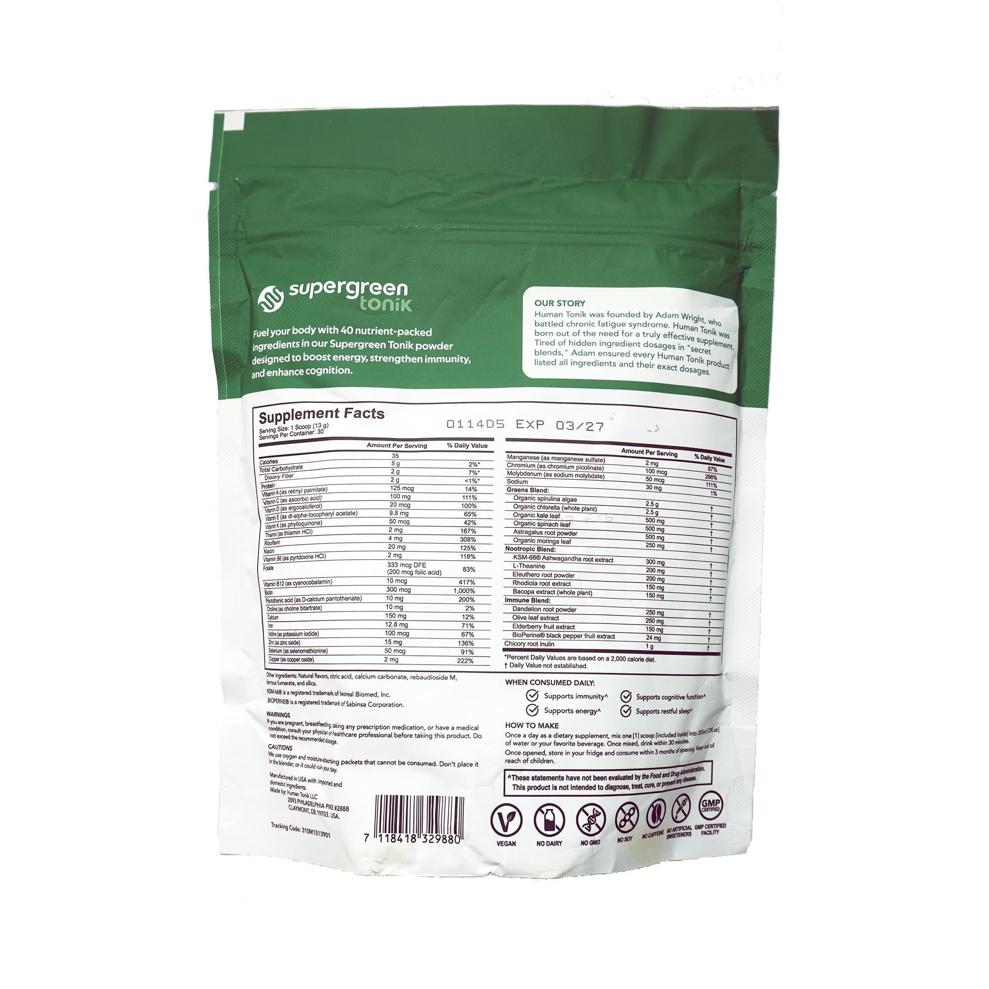 SUPERGREEN TONIK 100% Natural Greens Superfood Powder – Daily Supplement with 40 Superfoods, Vitamins and Minerals – Supports Energy, Stress and Immunity – 30 Days 360 Grams Berry Flavor (1 Bag) SUPERGREEN TONIKAu supplements