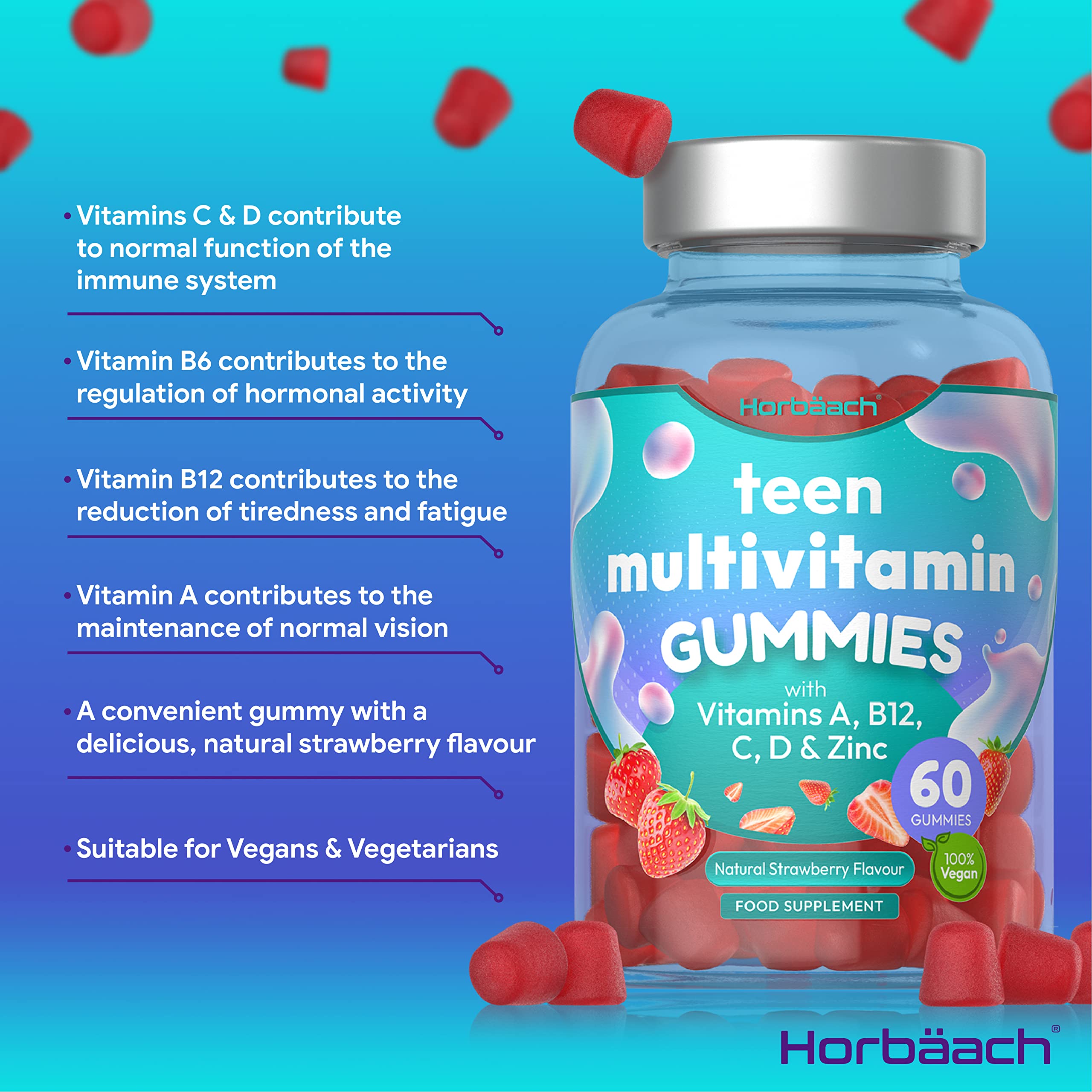 Multivitamins for Teens | 60 Vegan Gummies | 14 Essential Nutrients | with Vitamin A, B12 HorbäachUS supplements