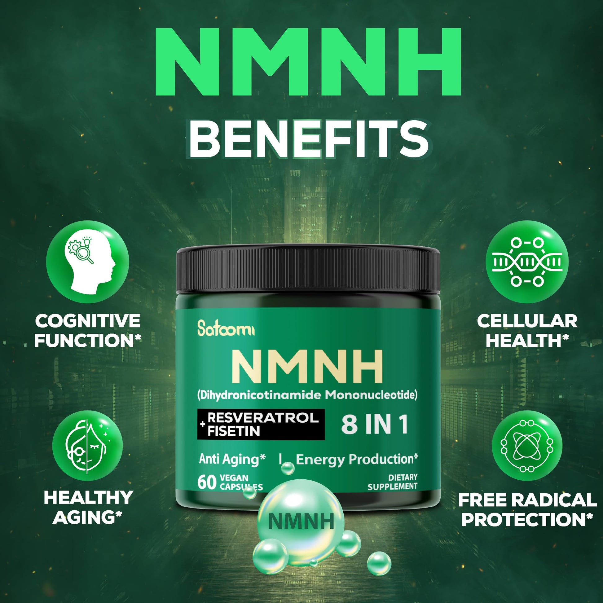 Satoomi 8in1 NMNH - NMN Supplement Alternative - NAD Supplement to Support NAD Levels Added Fisetin, Resveratrol, Quercetin, Turmeric, Berberine, Vitamin D3 & C - 60 Count for 30 Days SatoomiAu supplements