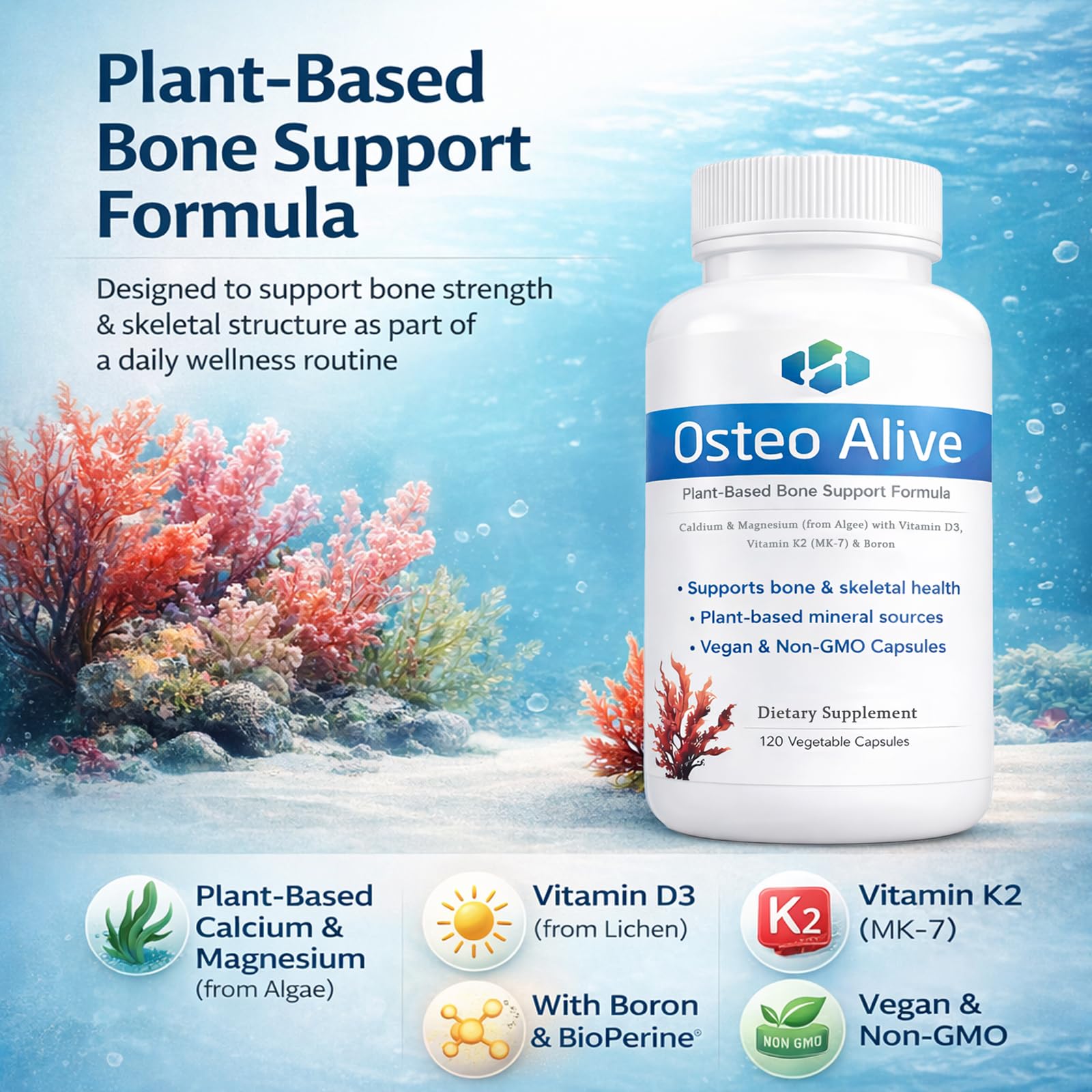 AIFBENK Osteo Alive Bone Support, with Plant-Based Calcium & Magnesium (from Algae), Vitamin D3 (from Lichen), Vitamin K2 (MK-7), Boron & BioPerine, Helps Support Bone & Skeletal Health AIFBENKAu supplements
