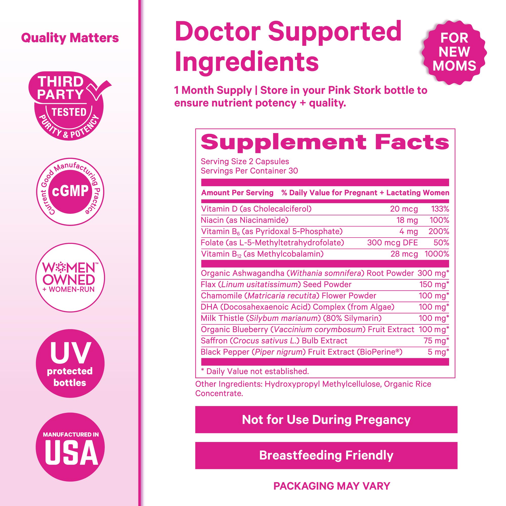 Pink Stork Postpartum Mood Support - Postnatal Hormone Balance for Women - Breastfeeding Friendly - Stress & Cognitive Support, New Mom Essentials - Ashwagandha, Chamomile, & Vitamin D, 60 Capsules Pink StorkAu supplements