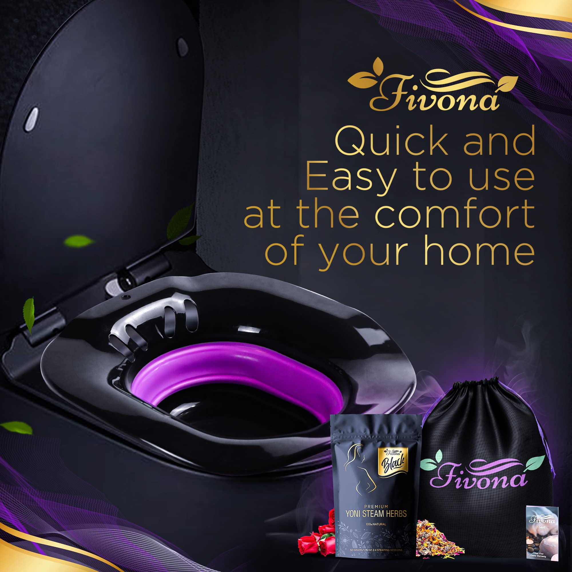 Fivona 3-in-1 Yoni Steam Kit Black - Foldable Over The Toilet Steamer Seat with Herbal Blend and Storage FIVONAAu supplements