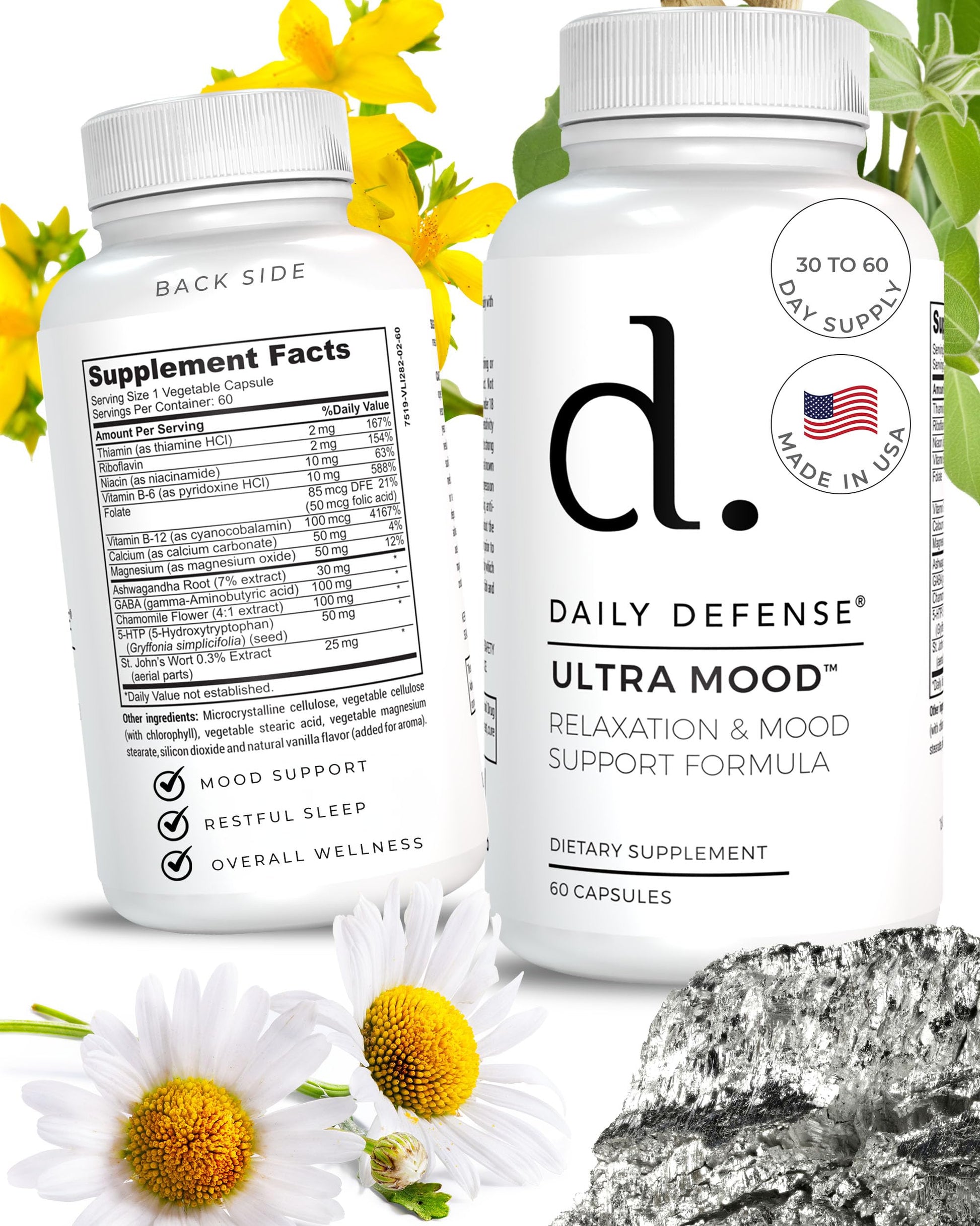 Daily Defense Mood Support Supplement - Ultra Mood 60 Count Mood Enhancer with Calcium Carbonate, Folic Acid, GABA, 5-HTP, Ashwagandha Root Extract & More - Non GMO Mood & Relaxation Supplement Daily DefenseAu supplements