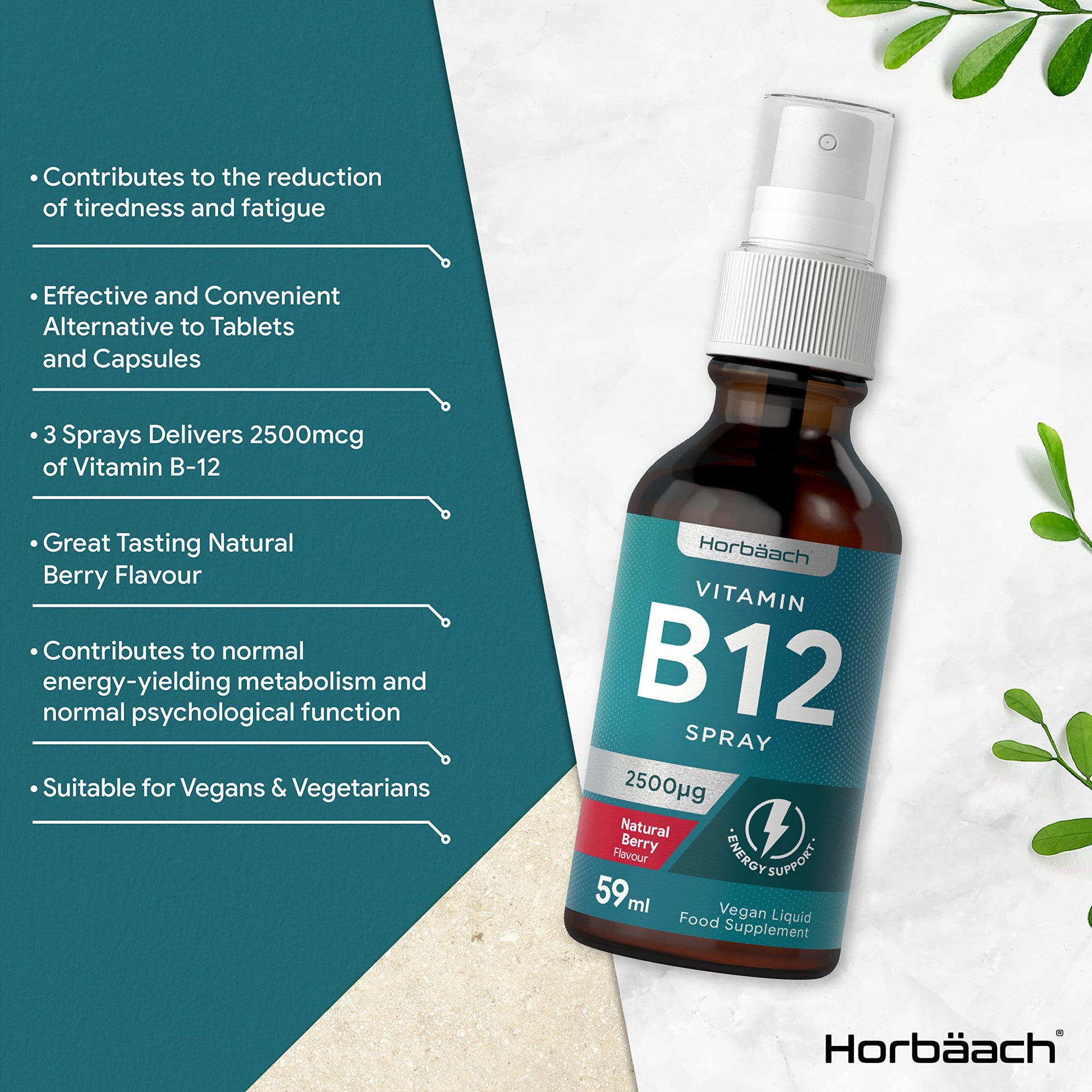 Vitamin B12 Spray 2500mcg | 59ml | High Strength Supplement | Natural Berry Flavour HorbäachUS supplements