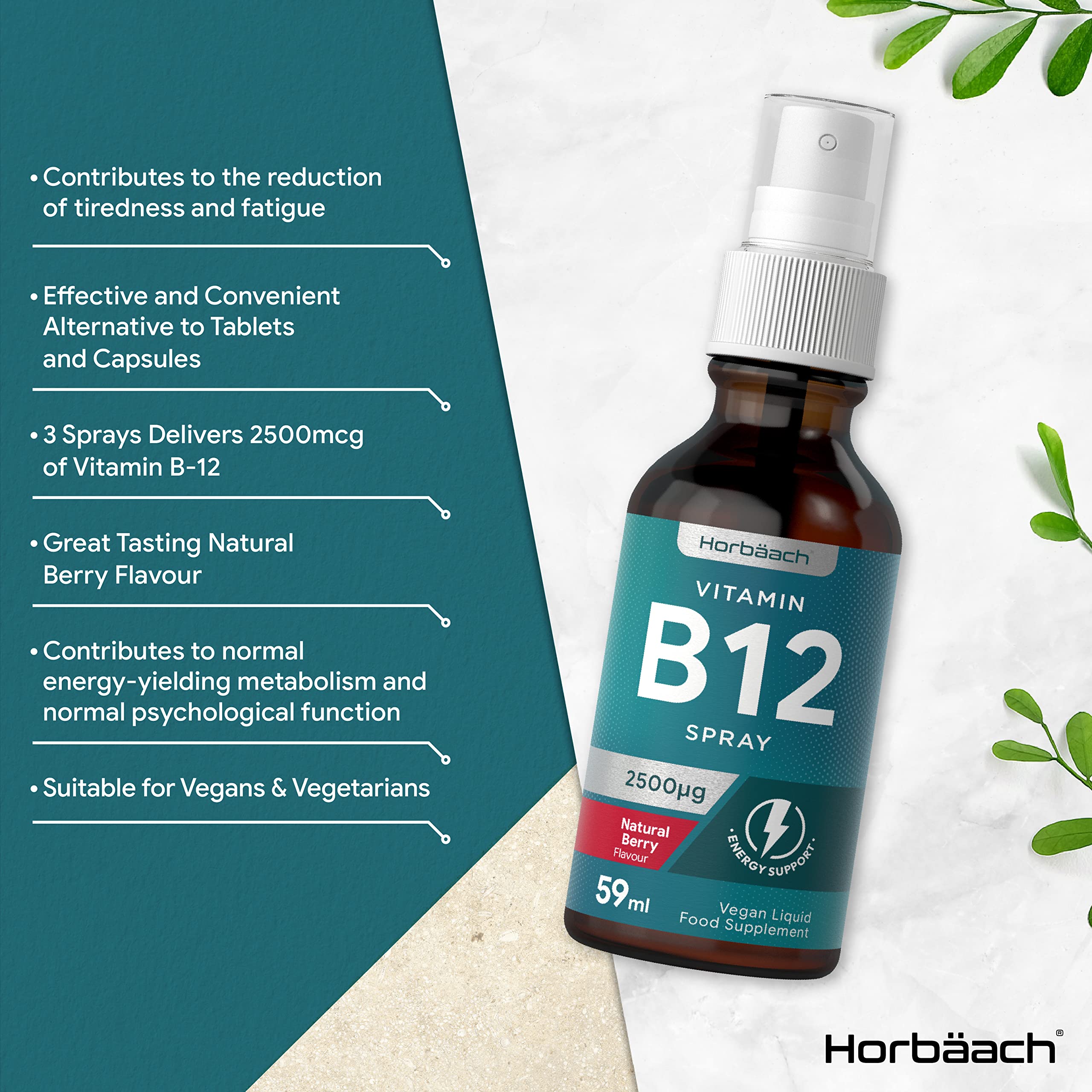 Vitamin B12 Spray 2500mcg | 59ml | High Strength Supplement | Natural Berry Flavour HorbäachUS supplements