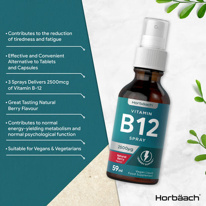 Vitamin B12 Spray 2500mcg | 59ml | High Strength Supplement | Natural Berry Flavour HorbäachUS supplements
