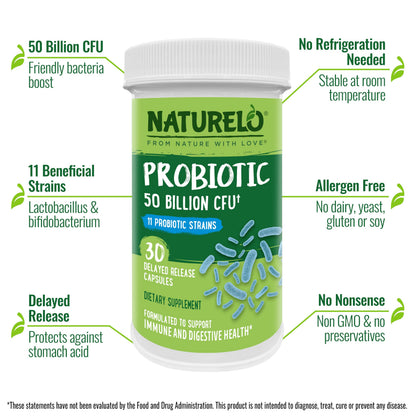 NATURELO Probiotic Supplement - 50 Billion CFU - 11 Strains - One Daily - Helps Support NATURELOUS supplements