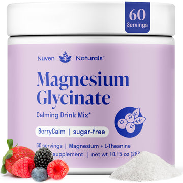 Magnesium Glycinate Powder + L-Theanine | 60 Servings | 300 mg per Scoop High Absorption Chelated Magnesium Powder for Sleep - Natural Mixed Berry Flavor, No Sugar, Support Restful Sleep & Relaxation Nuven NaturalsAu supplements