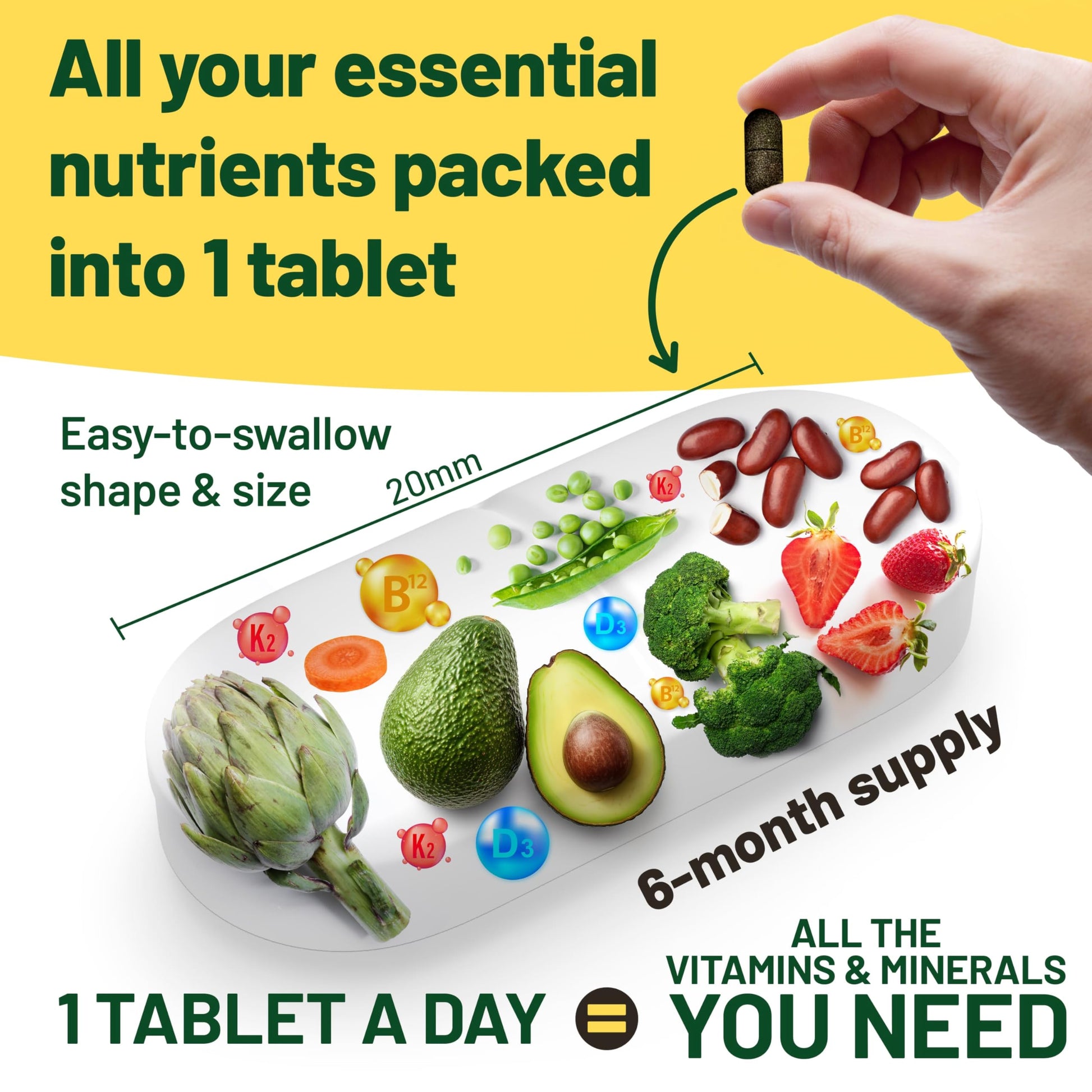 Vegan Vitality Multivitamins & Minerals for Women and Men with High Strength Vitamin B12, D3 & K2. 180 Vegan Multivitamin Tablets - 6 Months Supply Vegan VitalityAu supplements