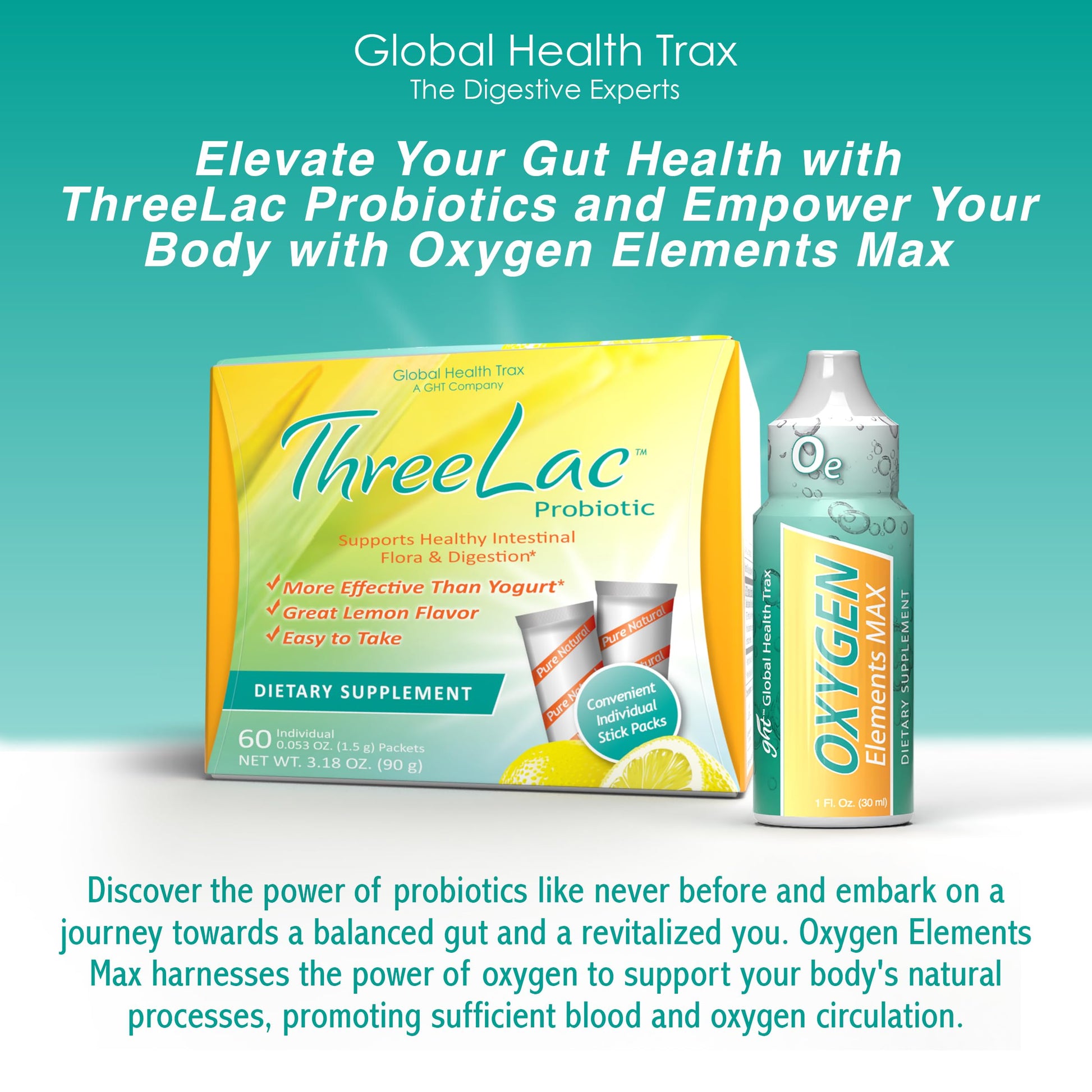 Global Health Trax Ultimate Gut & Oxygen Duo: ThreeLac Lemon Probiotic Powder (60 Packets) & Oxygen Elements Max Drops (1oz) - Digestive Support & Cellular Vitality ght Global Health TraxAu supplements