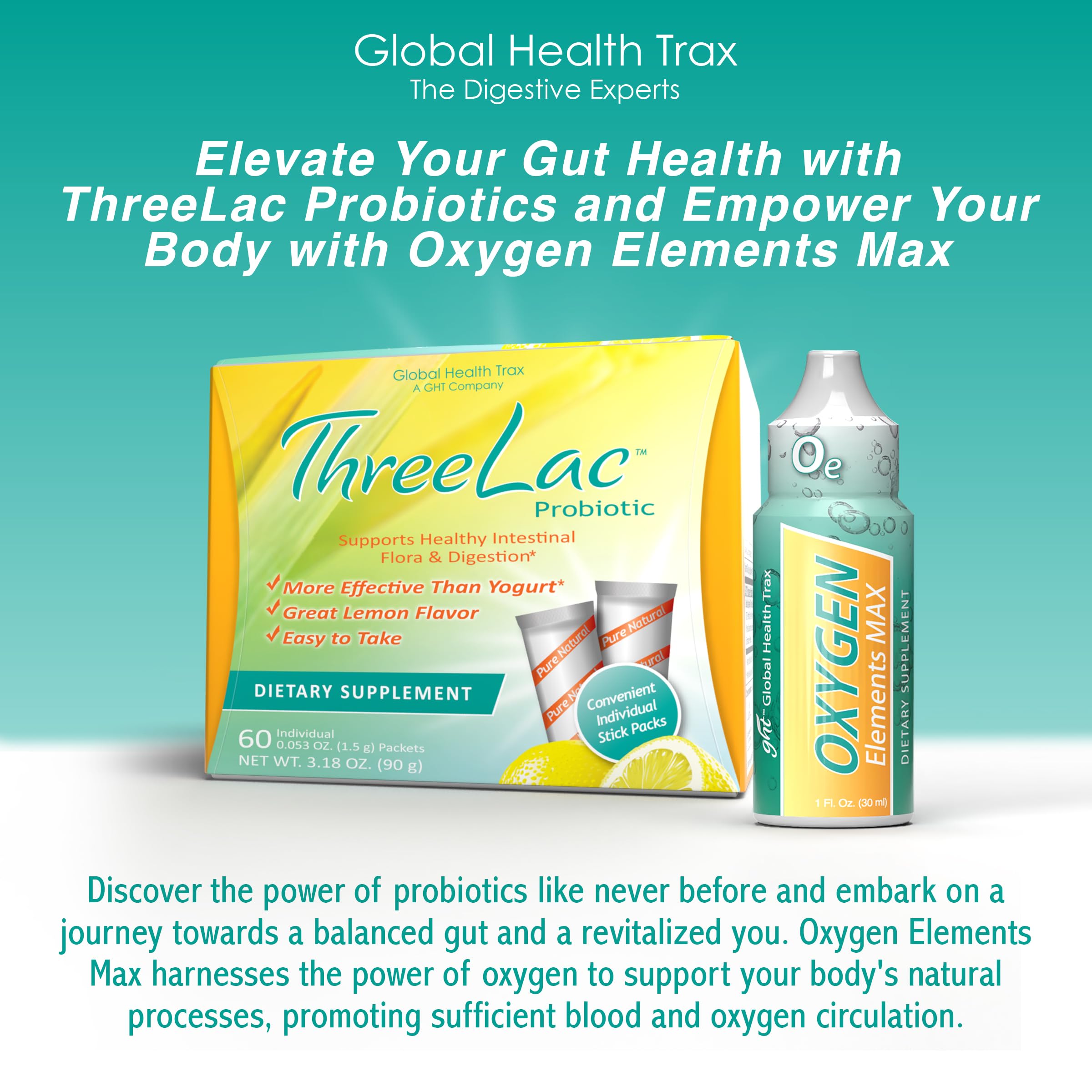 Global Health Trax Ultimate Gut & Oxygen Duo: ThreeLac Lemon Probiotic Powder (60 Packets) & Oxygen Elements Max Drops (1oz) - Digestive Support & Cellular Vitality ght Global Health TraxAu supplements