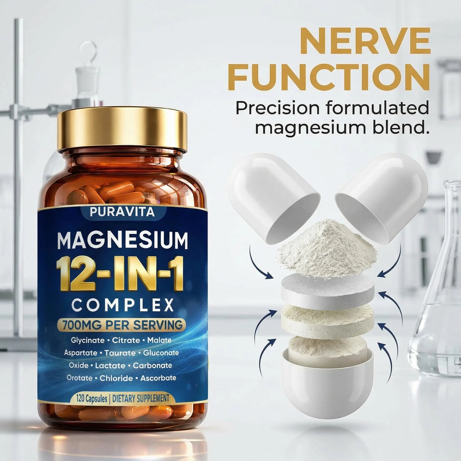 Puravita 12 in 1 Magnesium Complex Capsules - 700mg High Absorption Blend with Glycinate, Citrate, Malate, Oxide & Taurate. Supports Muscle Function, Nerve Health & Relaxation - 120 Capsules (1) PURAVITAnz supplements