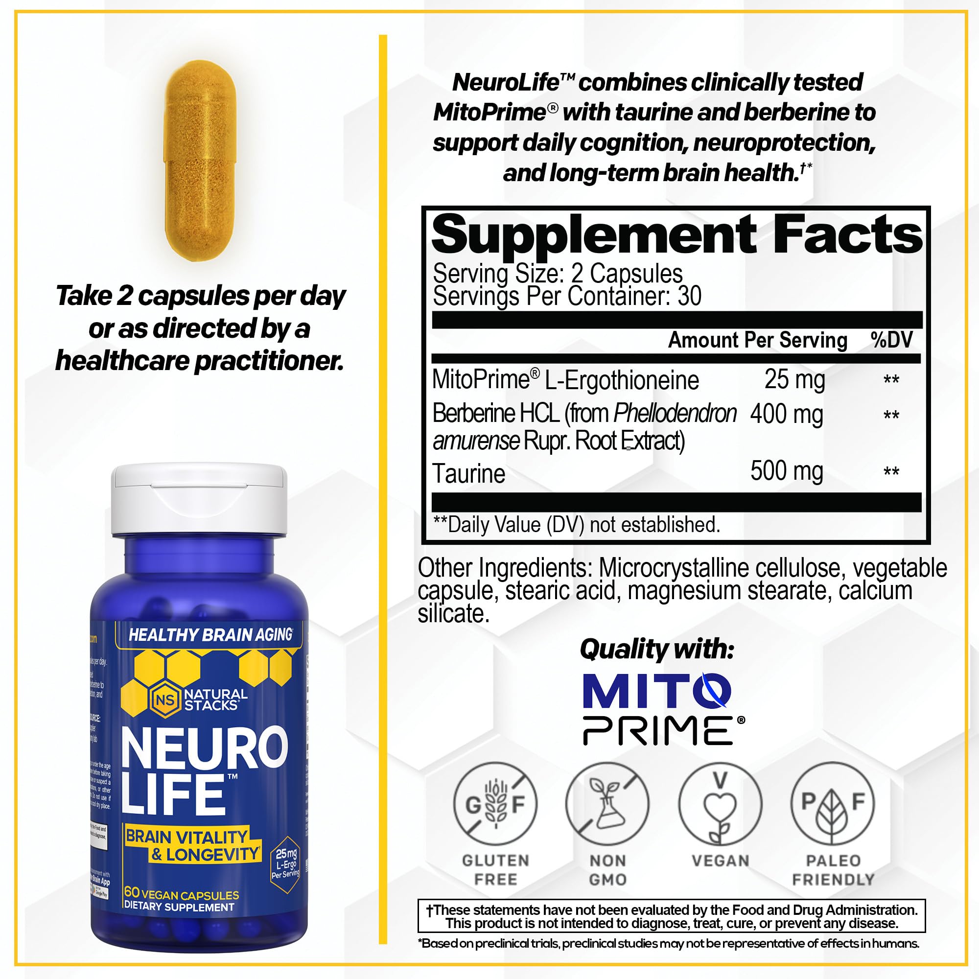 NeuroLife Longevity Supplement - 500mg Taurine & 400mg Berberine Supplement - Clinically Tested MitoPrime L-Ergothioneine - Brain Support for Cognitive Vitality - 60 Berberine Capsules NATURAL STACKSAu supplements