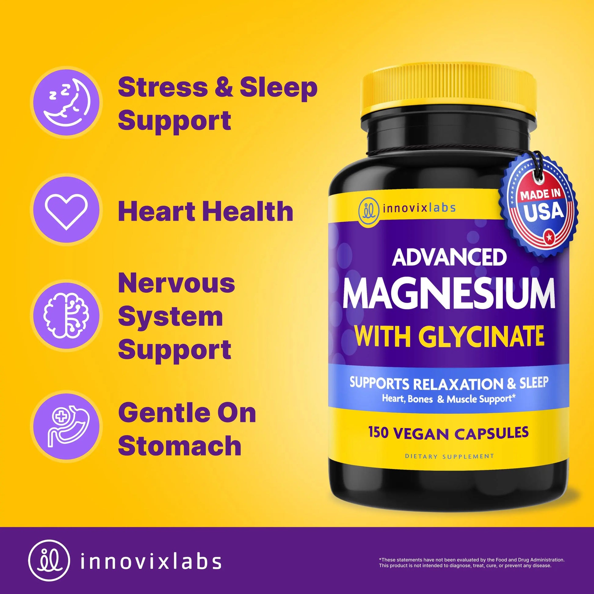 InnovixLabs Advanced Magnesium Capsules - 150 Ct, 210 mg - Chelated Glycinate and Malate - High Absorption, Promotes Relaxation, Bones, Muscle Health, Vegan Malate Sleep Supplement InnovixLabsnz supplements