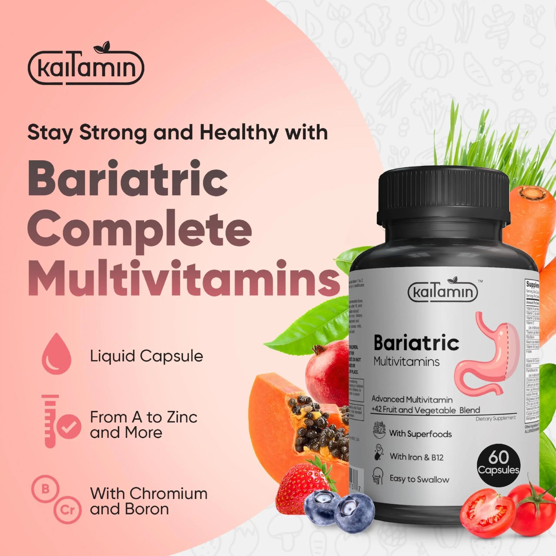 Bariatric Multivitamin with Iron - Easy-to-Swallow Capsule for Post Bariatric Surgery - Post Sleeve and Post Bypass KaitaminAu supplements
