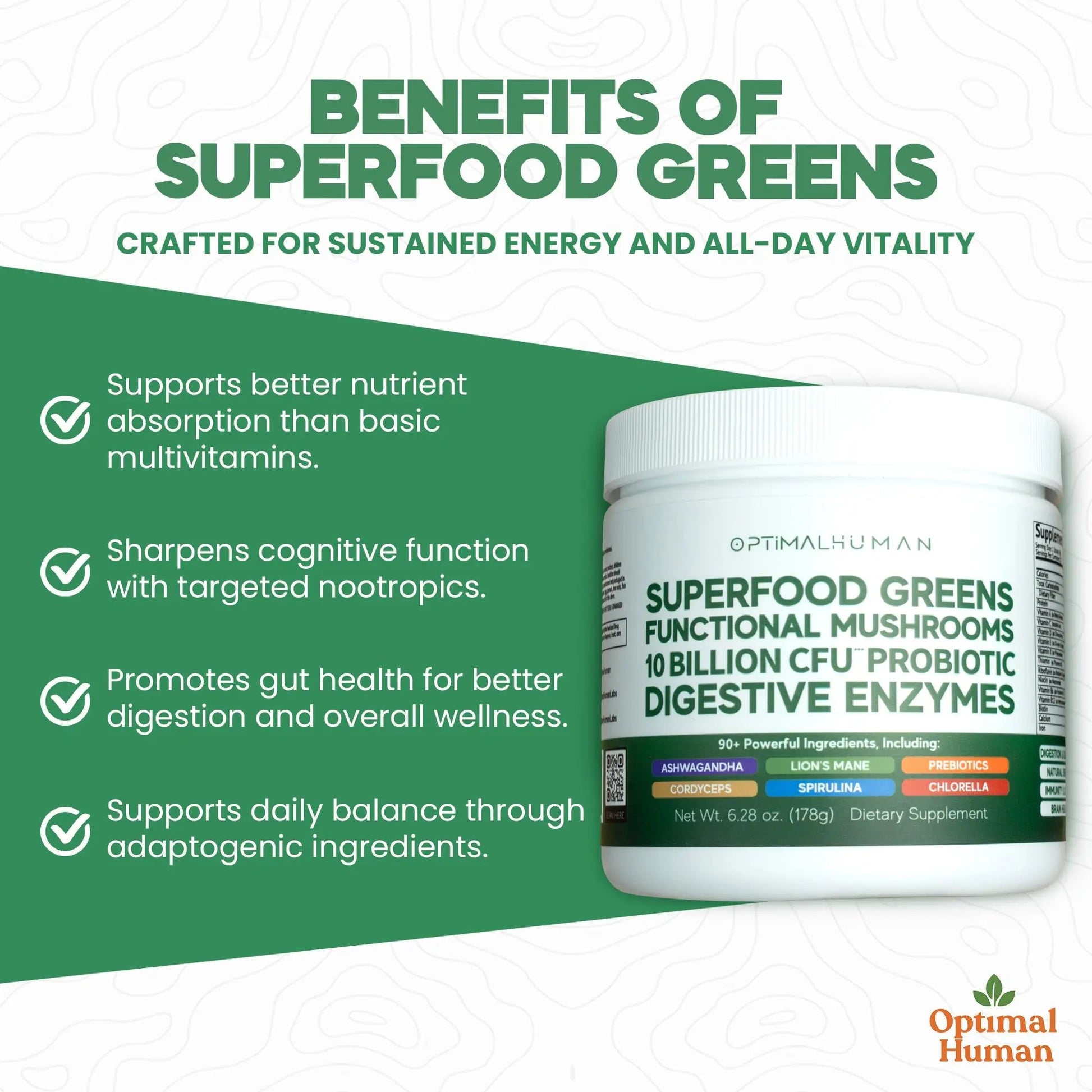 Optimal Human Superfood Greens Powder – 90+ Ingredient Blend with Lion’s Mane Supplement, Ashwagandha & Turmeric O HAu supplements